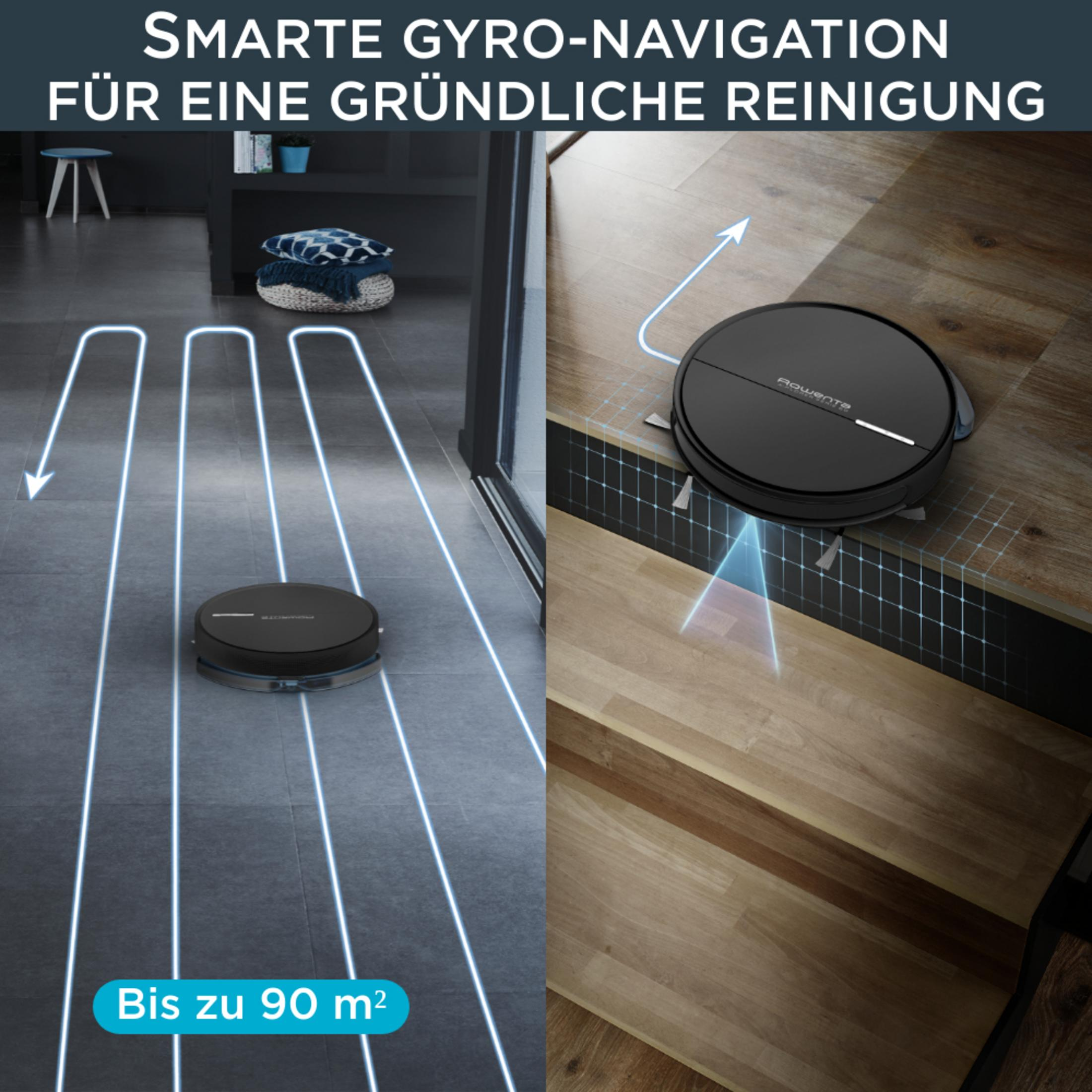 Robot odkurzający czyści podłogę, z liniami nawigacji i tekstem w języku niemieckim.