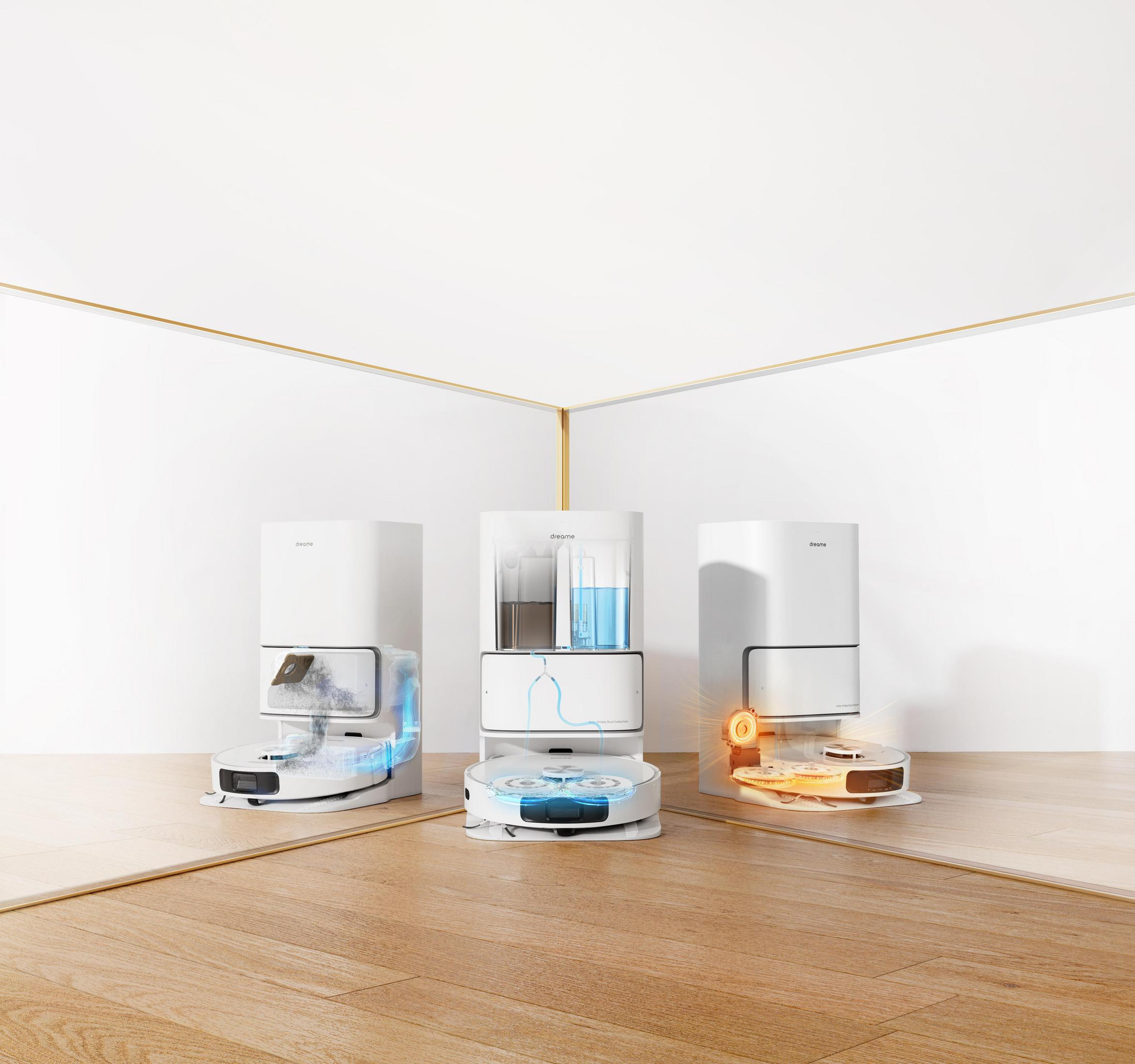 Trzy roboty sprzątające prezentują funkcje, ze światłami, na drewnianej podłodze, w białym pokoju ze złotymi akcentami.