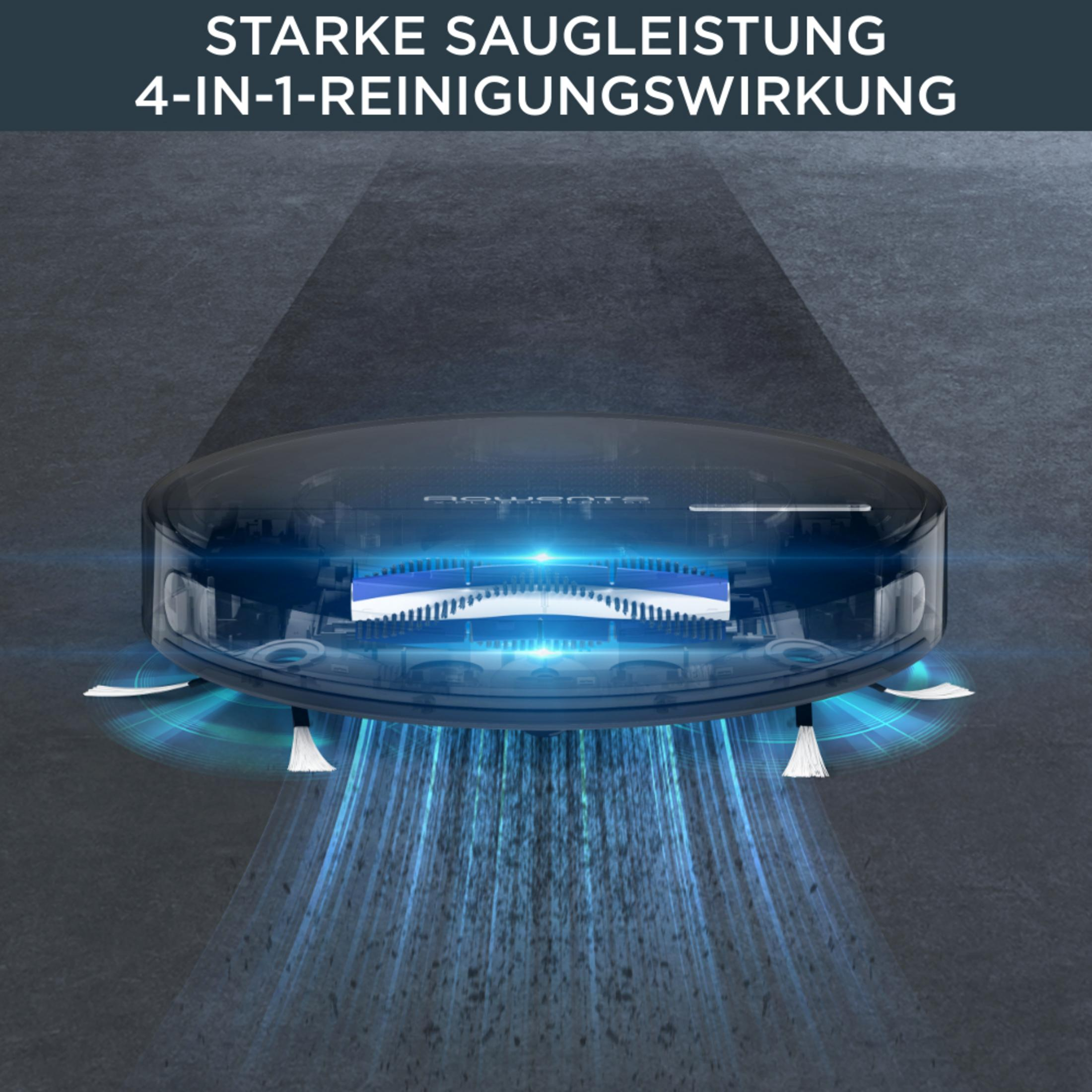 Odkurzacz robot na szarej powierzchni, pokazujący ścieżkę czyszczenia niebieskimi liniami.