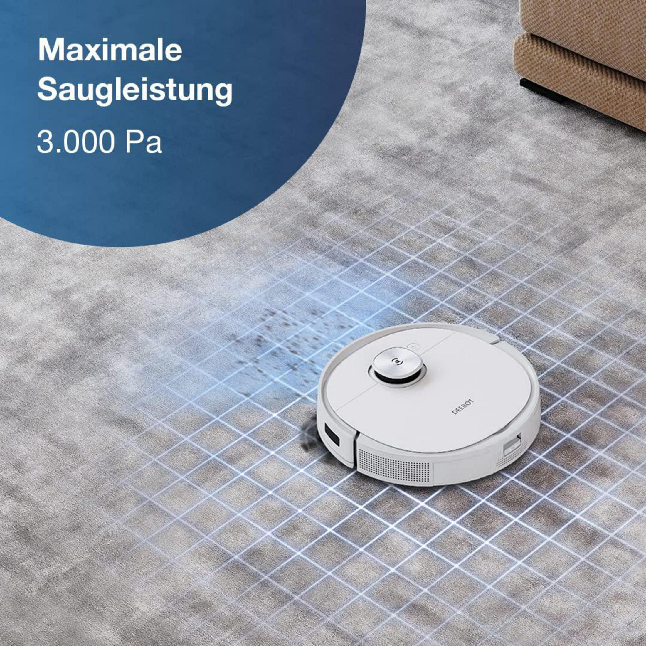 Robot aspirador limpiando una alfombra, con texto indicando potencia.