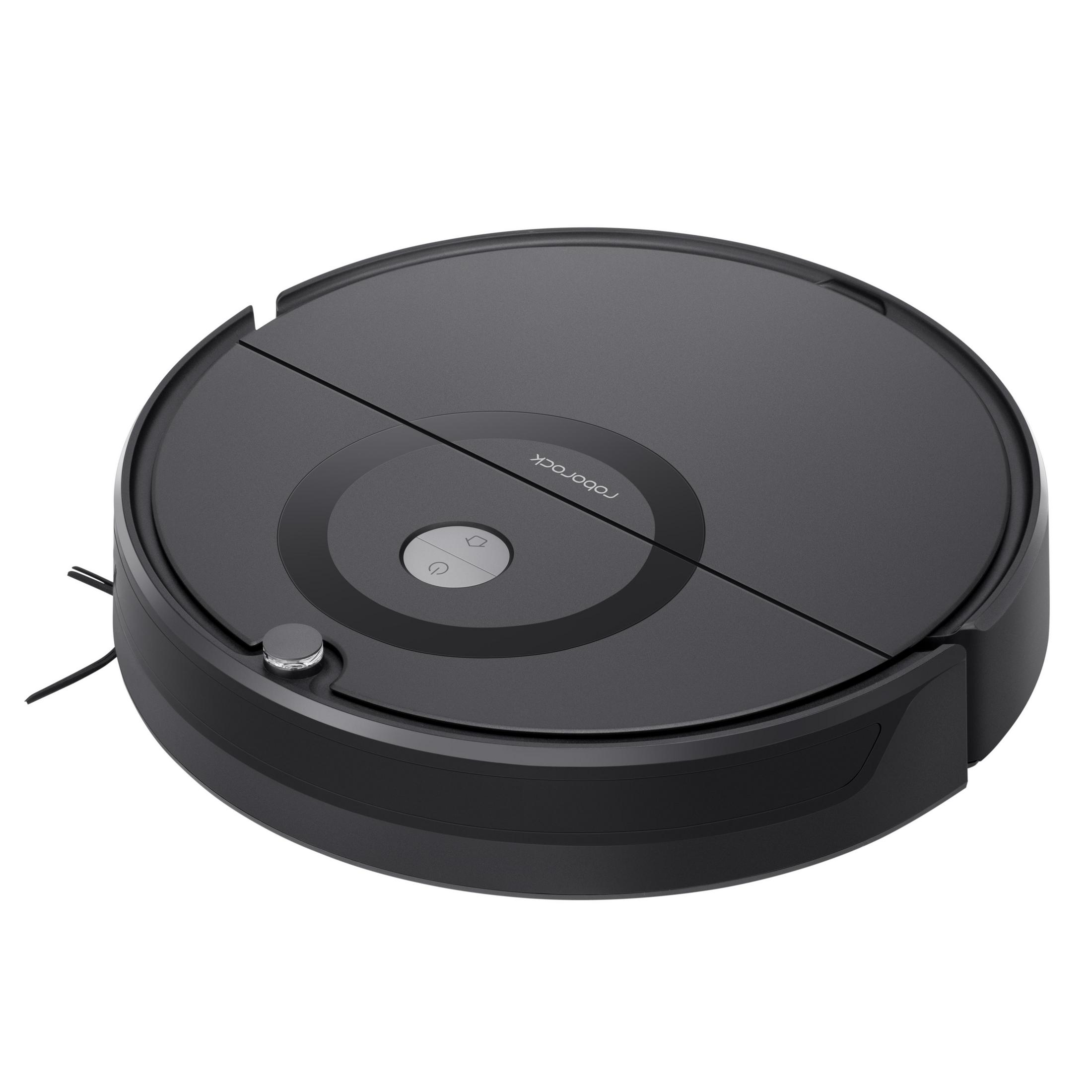 Ein schwarzer, kreisförmiger Roboter-Staubsauger mit einem Einschaltknopf. Er befindet sich auf weißem Hintergrund.