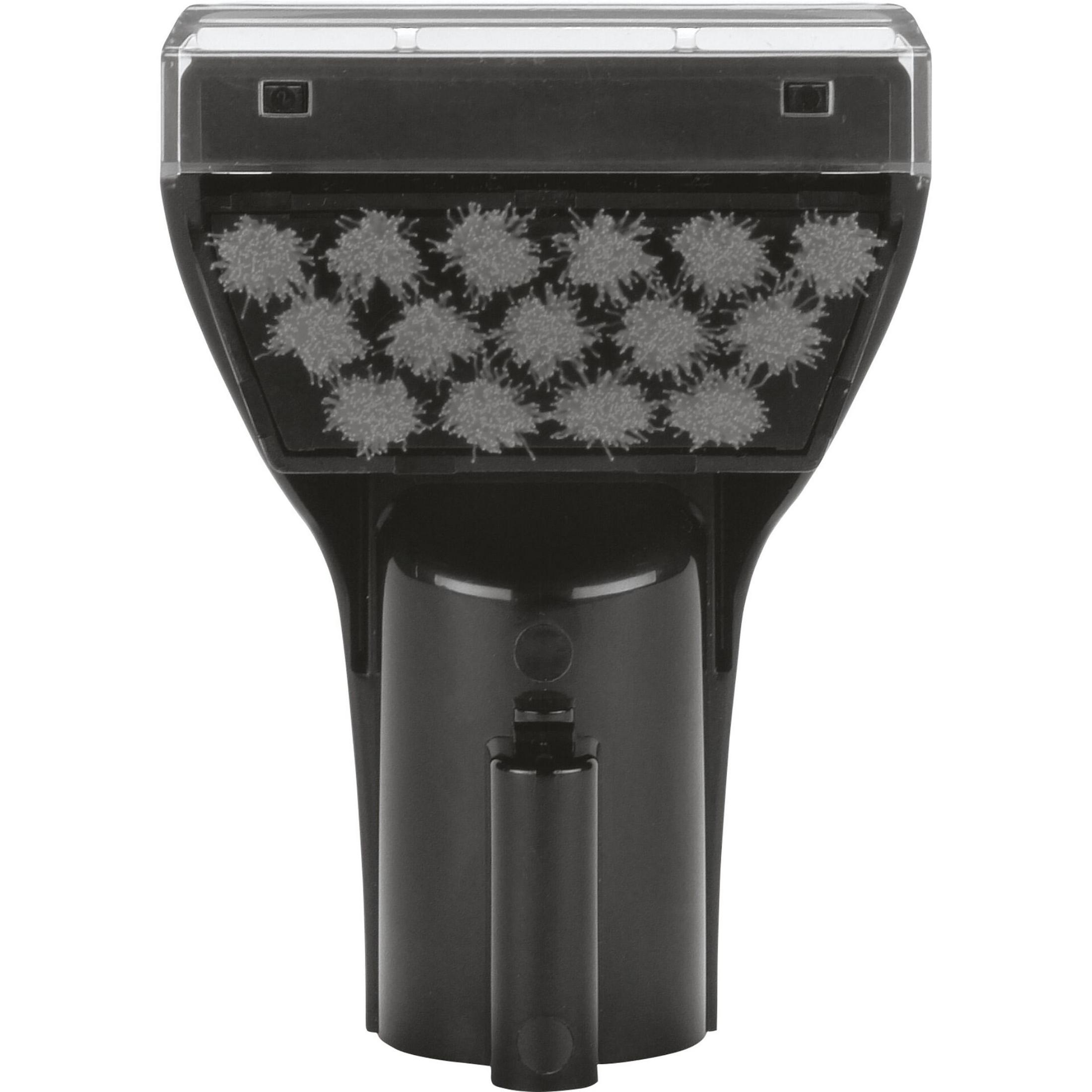 Close-up of a black vacuum cleaner head with brushes, on a white background.