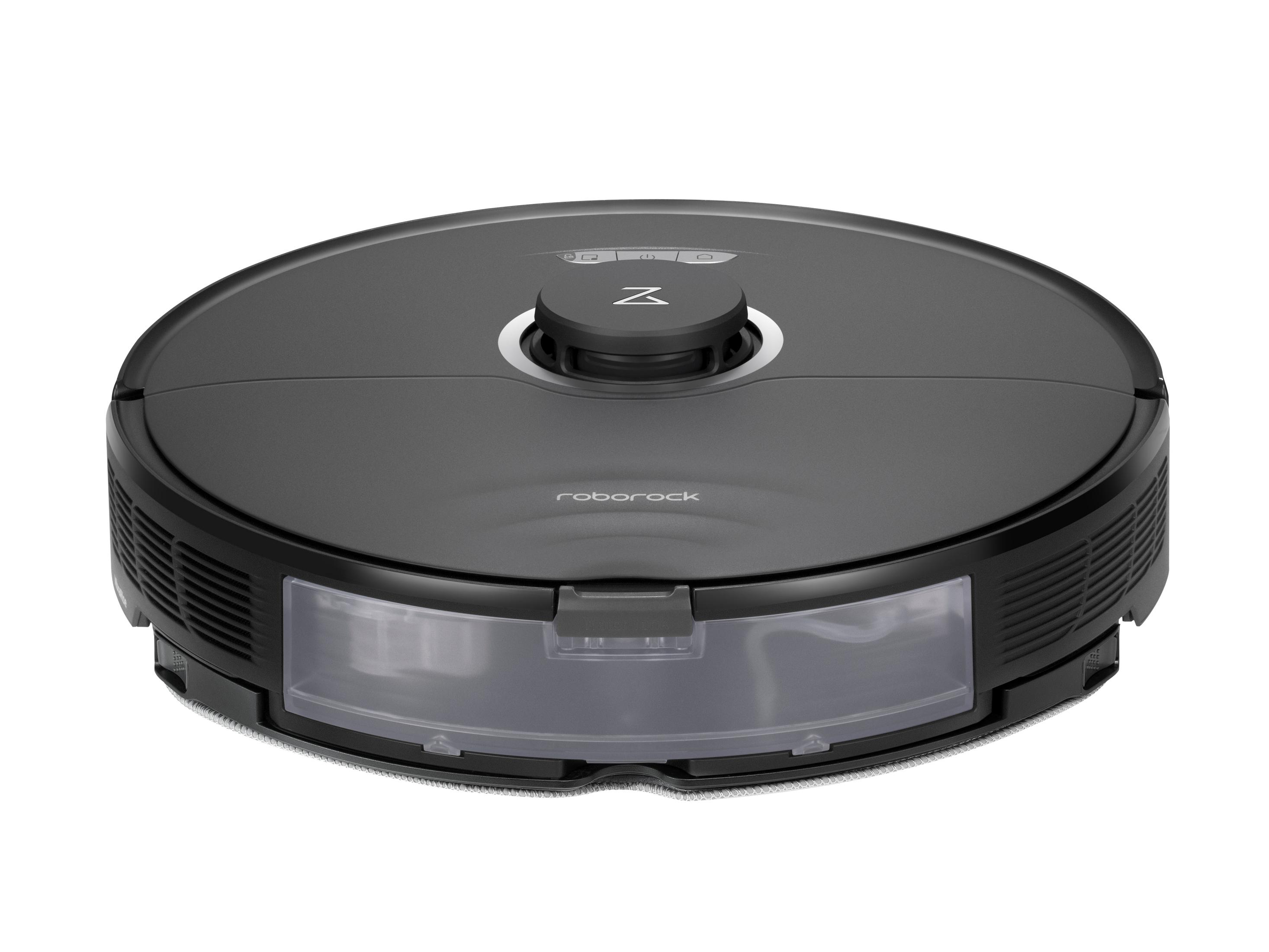 Ein schwarzer, kreisförmiger Roboter-Staubsauger auf weißem Hintergrund, Draufsicht.