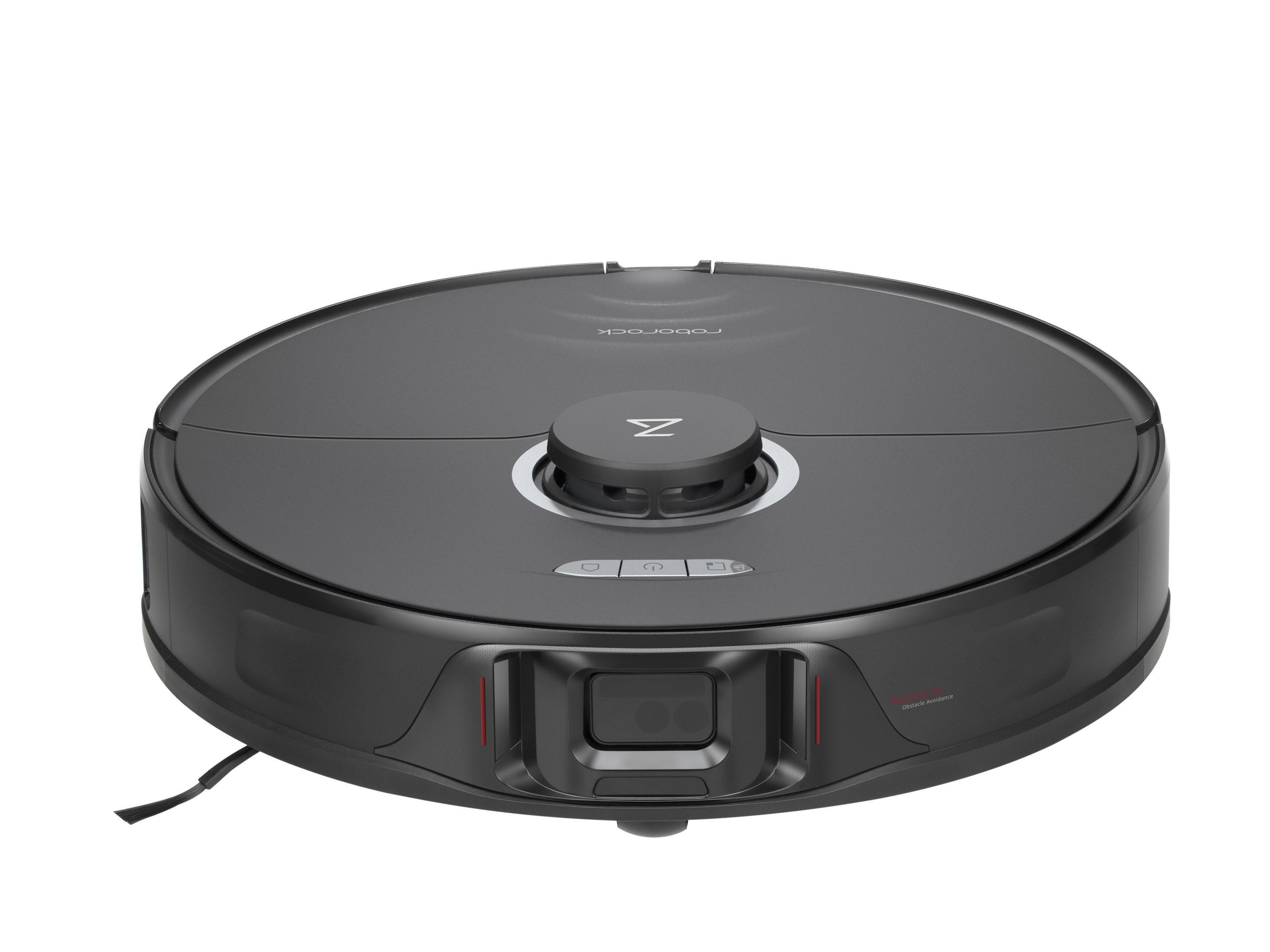 Ein schwarzer, runder Roboter-Staubsauger. Er hat Knöpfe oben und ein Ladekabel ist angeschlossen.