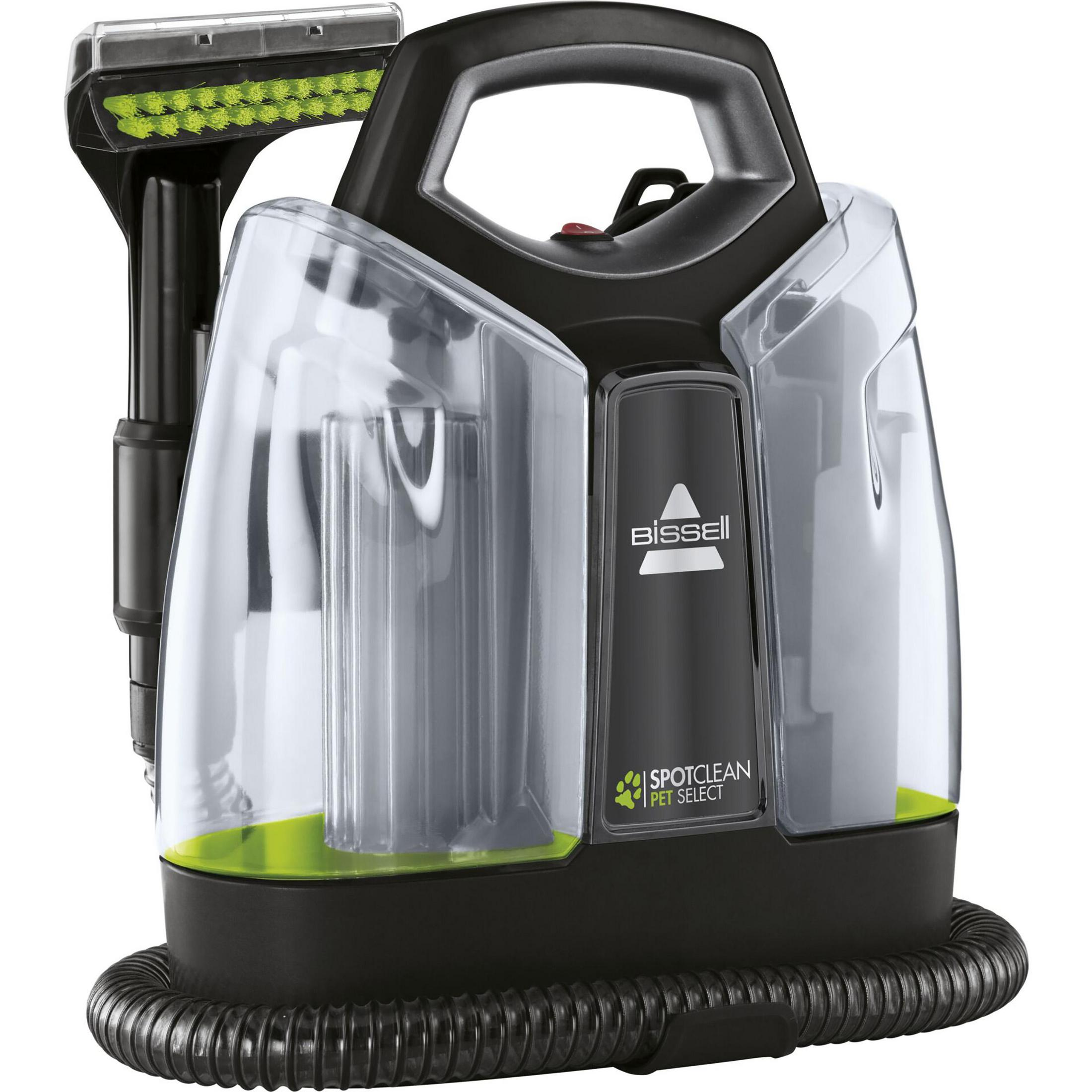 Una limpiadora Bissell SpotClean Pet Select negra y transparente.