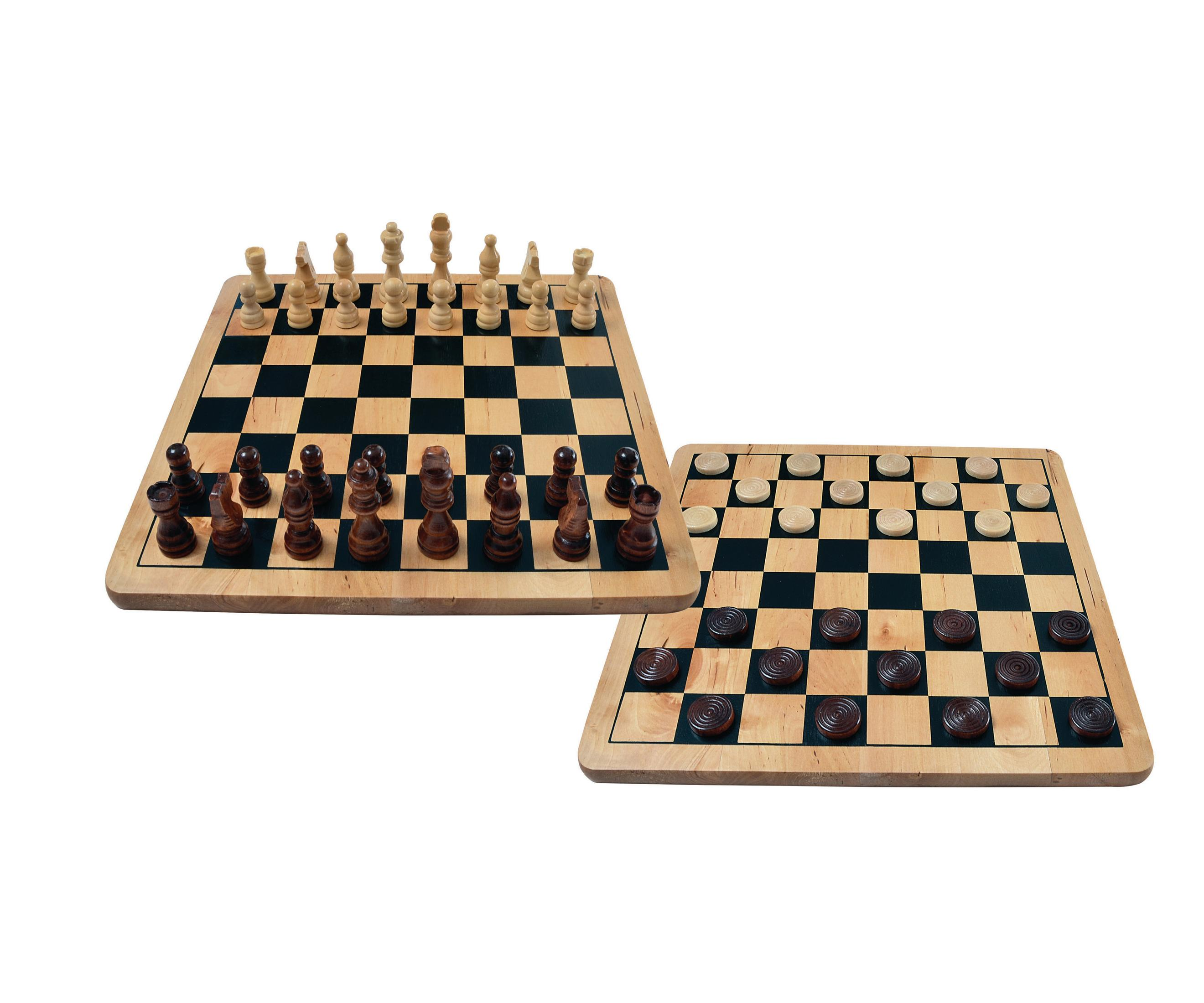 Schach- und Dame-Spielbretter, Holz mit schwarzen und hellen Feldern, und Holzfiguren.