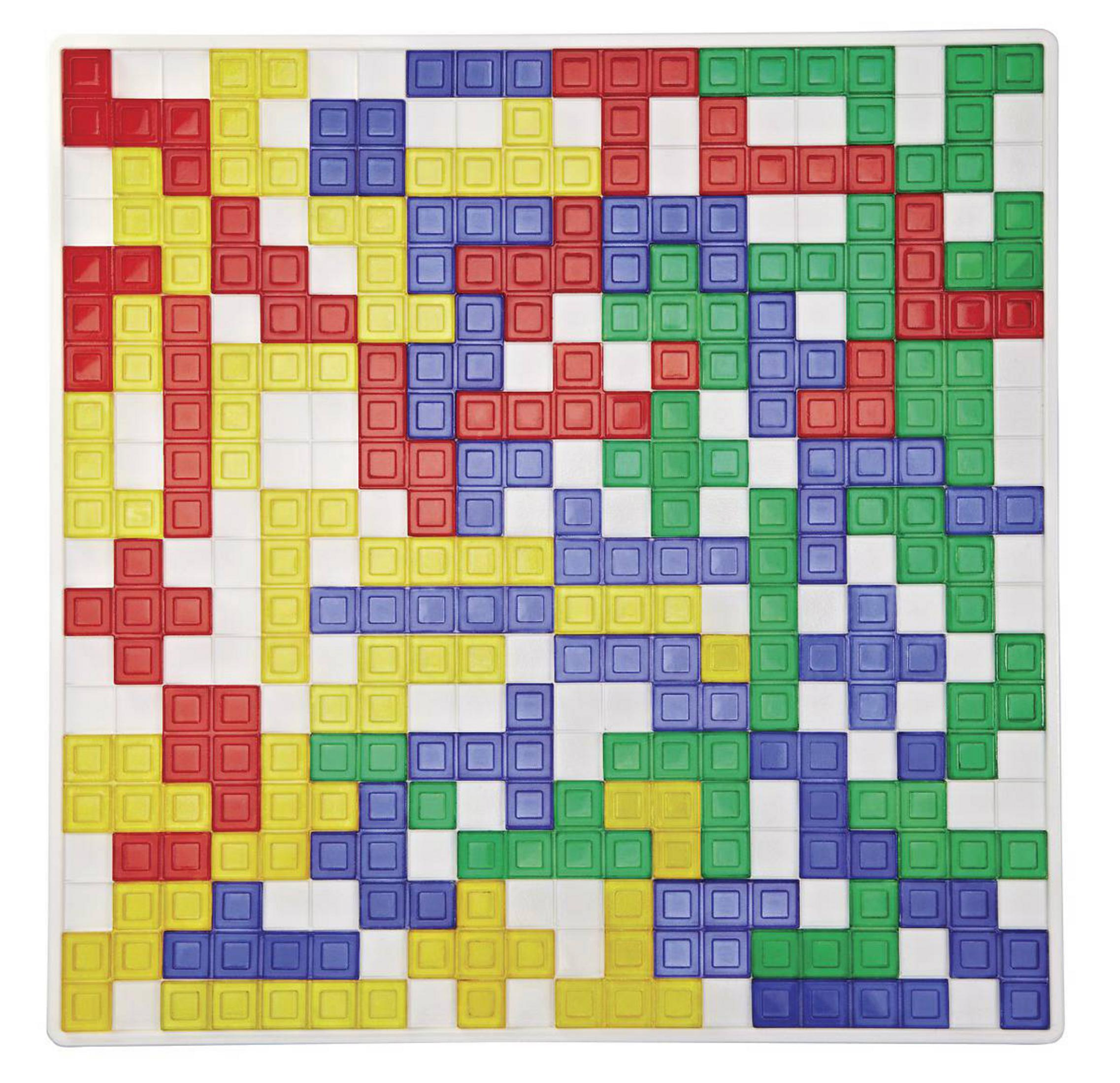 Siatka kolorowych bloków. Ułożone są czerwone, żółte, niebieskie, zielone i białe bloki.