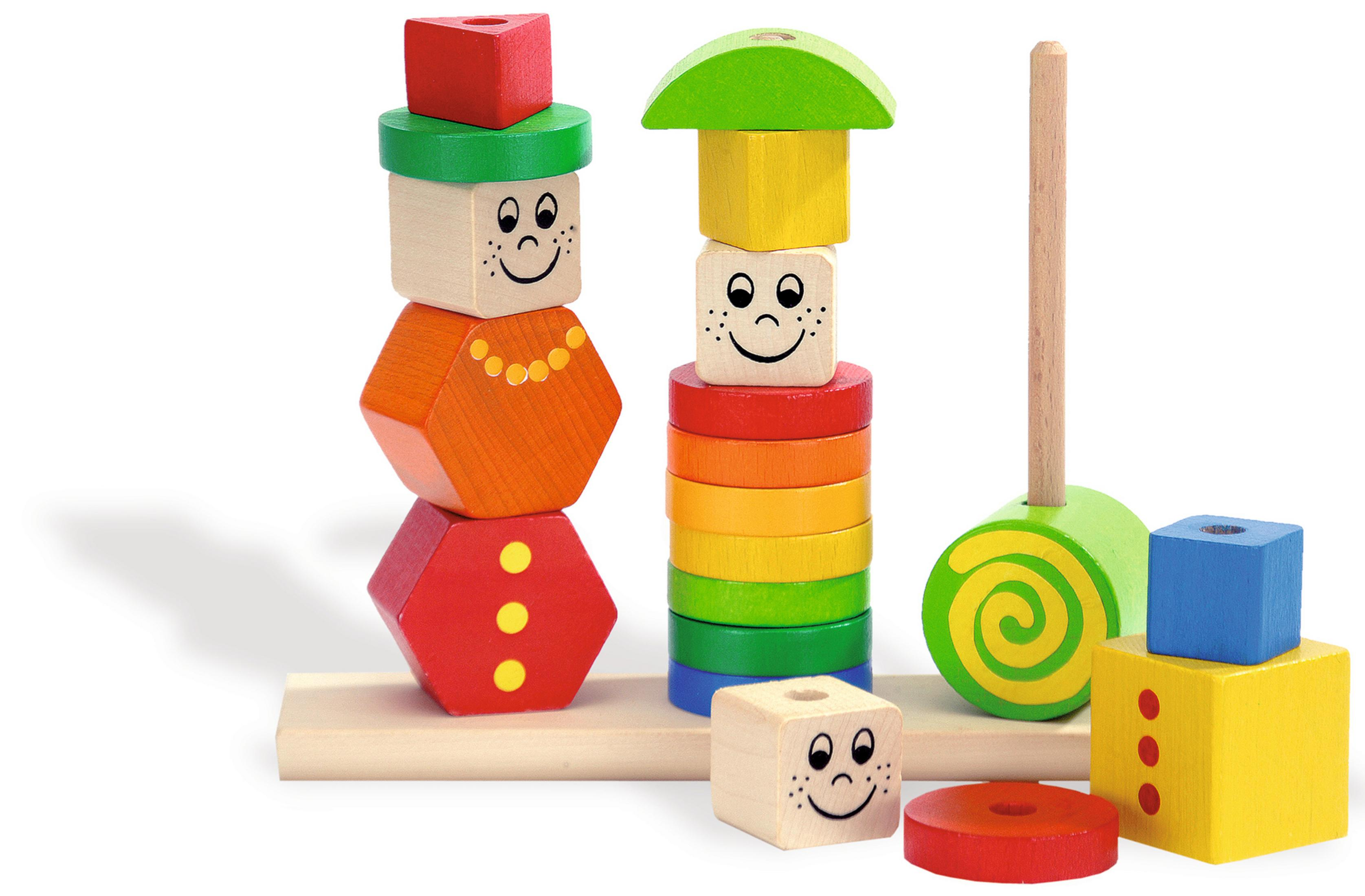 Holz-Steckspielzeug mit lächelnden Gesichtern. Enthält Blöcke, Ringe und eine Pilzform.