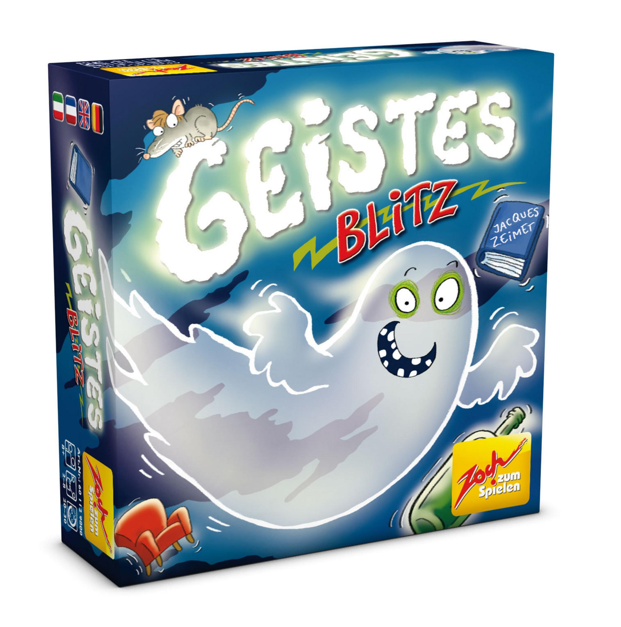 Brettspielbox für Geistes Blitz, mit einem Geist und einer Maus.