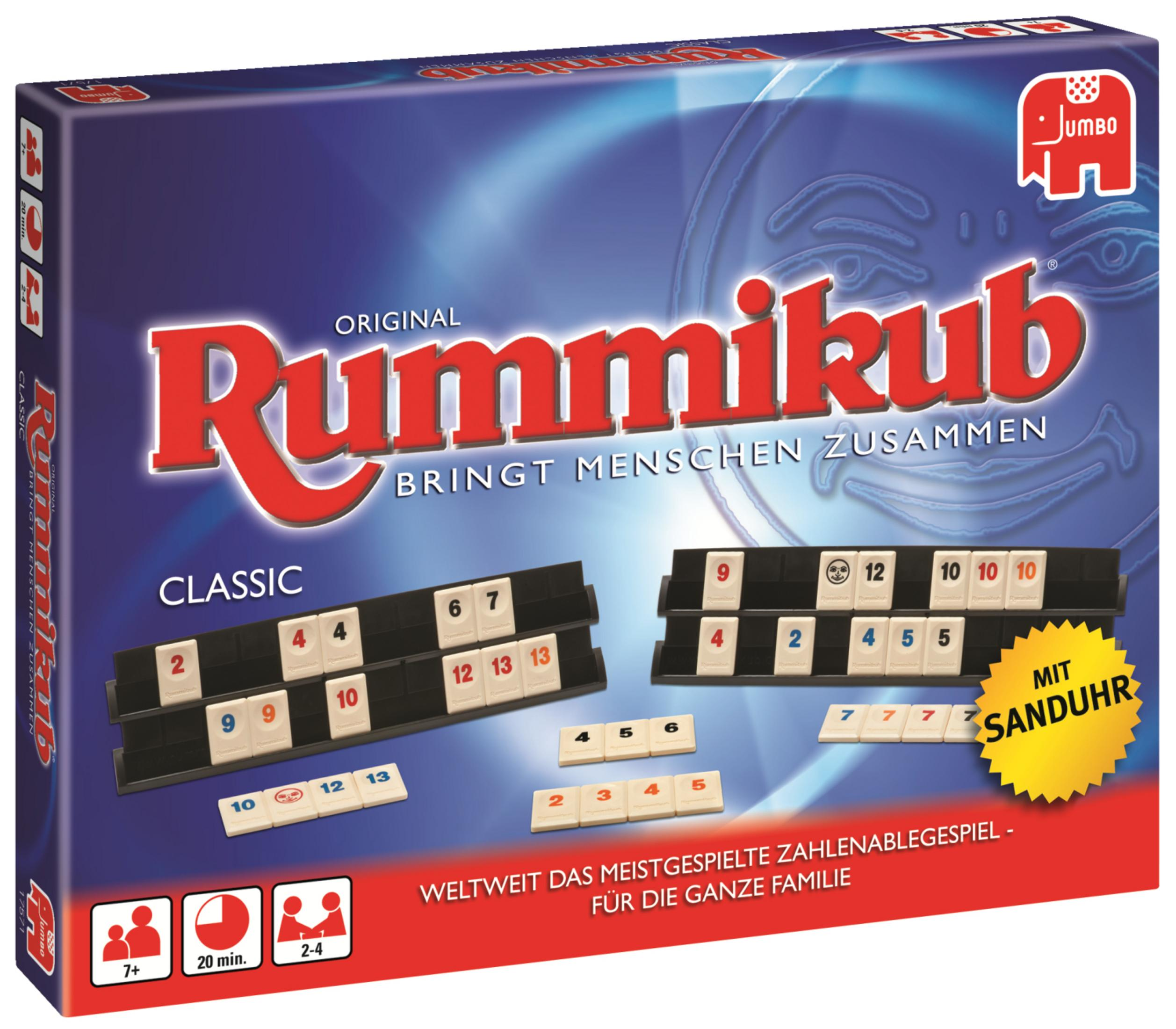 Schachtel des Rummikub-Spiels mit angezeigten Spielsteinen. Die Schachtel hat Text und Bilder. Weißer Hintergrund.