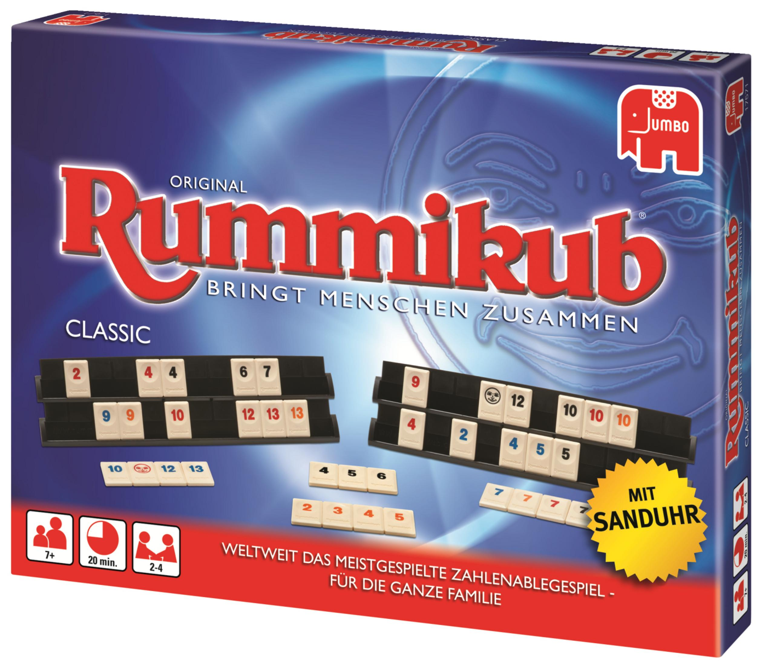 Rummikub-Spielbox mit Spielsteinen. Auf der Box steht: Rummikub, Classic. Spielsteine auf schwarzen Ständern.