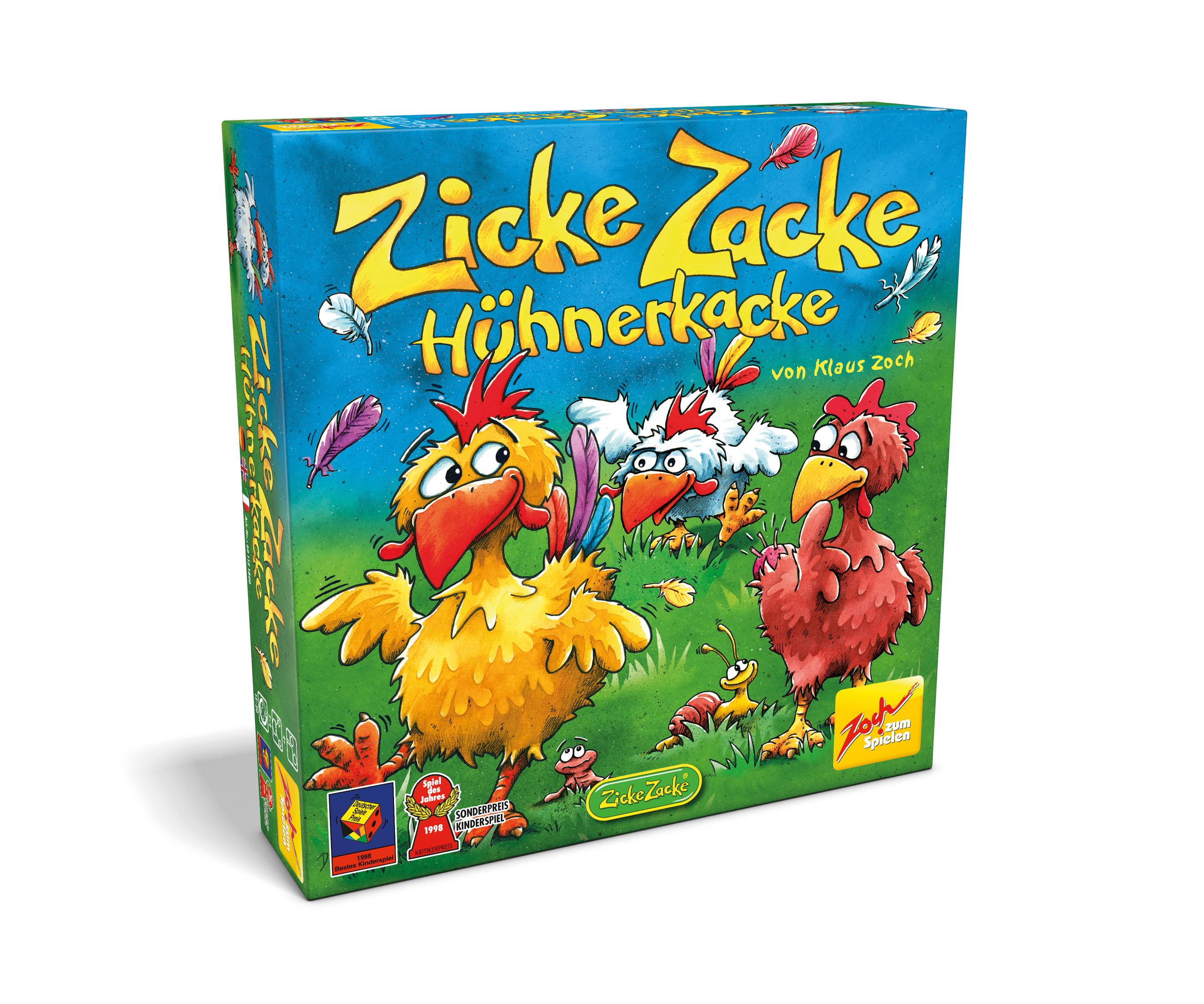 Spielbox mit Cartoon-Hühnern. Der Titel lautet 'Zicke Zacke Hühnerkacke' von Klaus Zoch.
