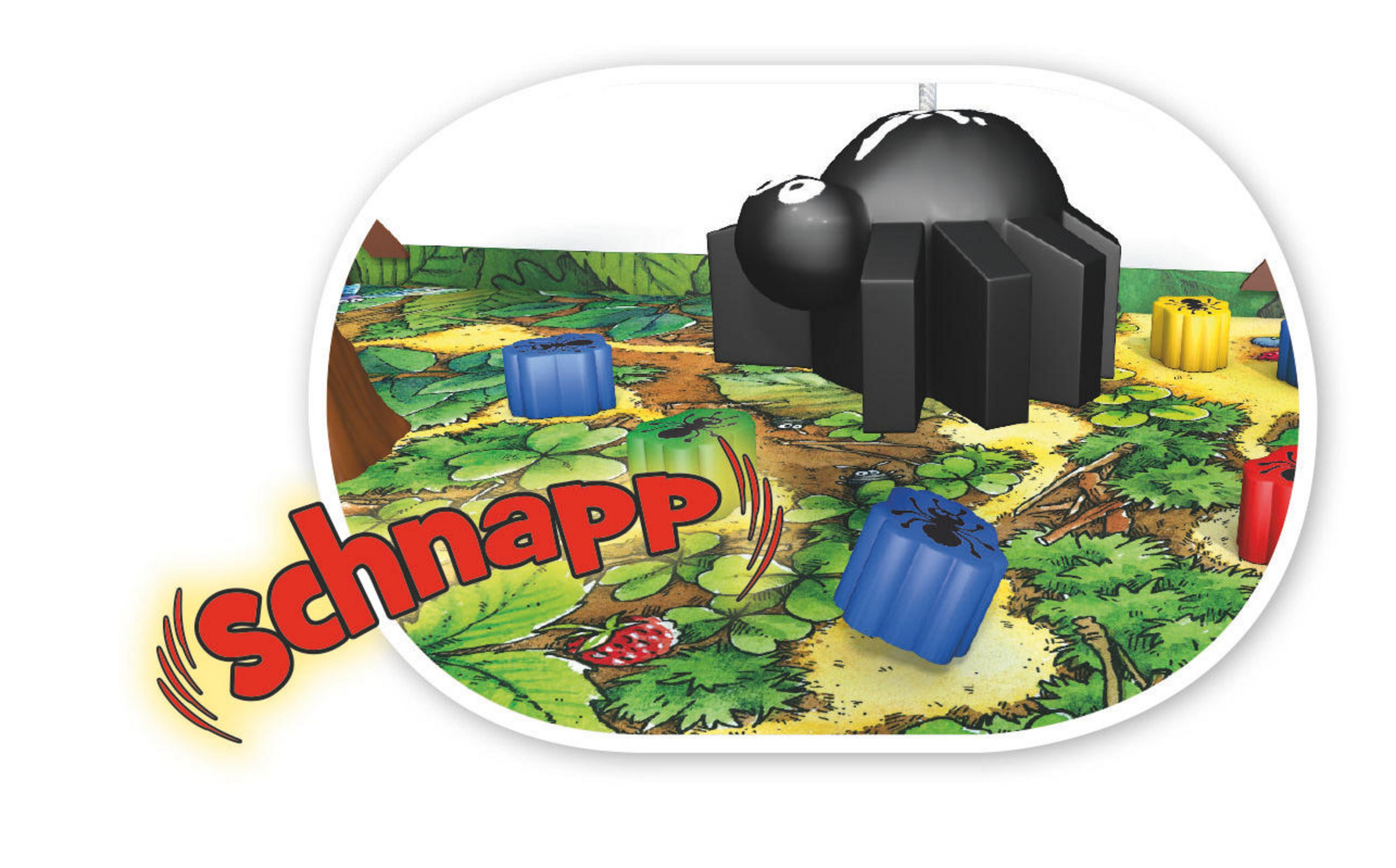 Brettspiel: Eine schwarze Spinne über bunten Blöcken auf einer grün-braunen Landschaft.