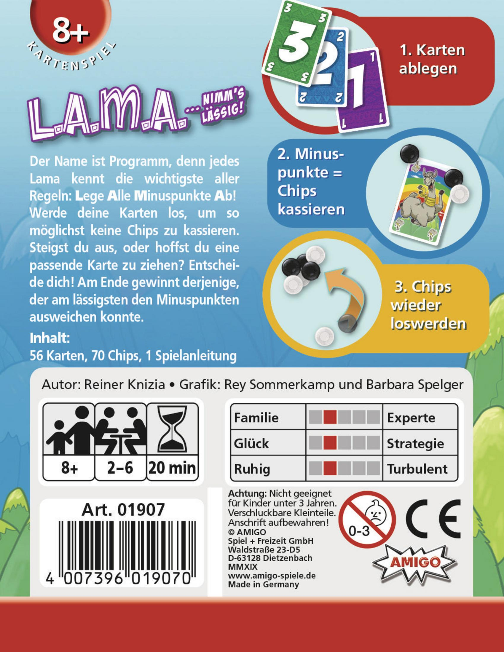 Dos de la boîte du jeu de cartes LAMA, graphiques, texte, illustration de cartes, fond blanc.