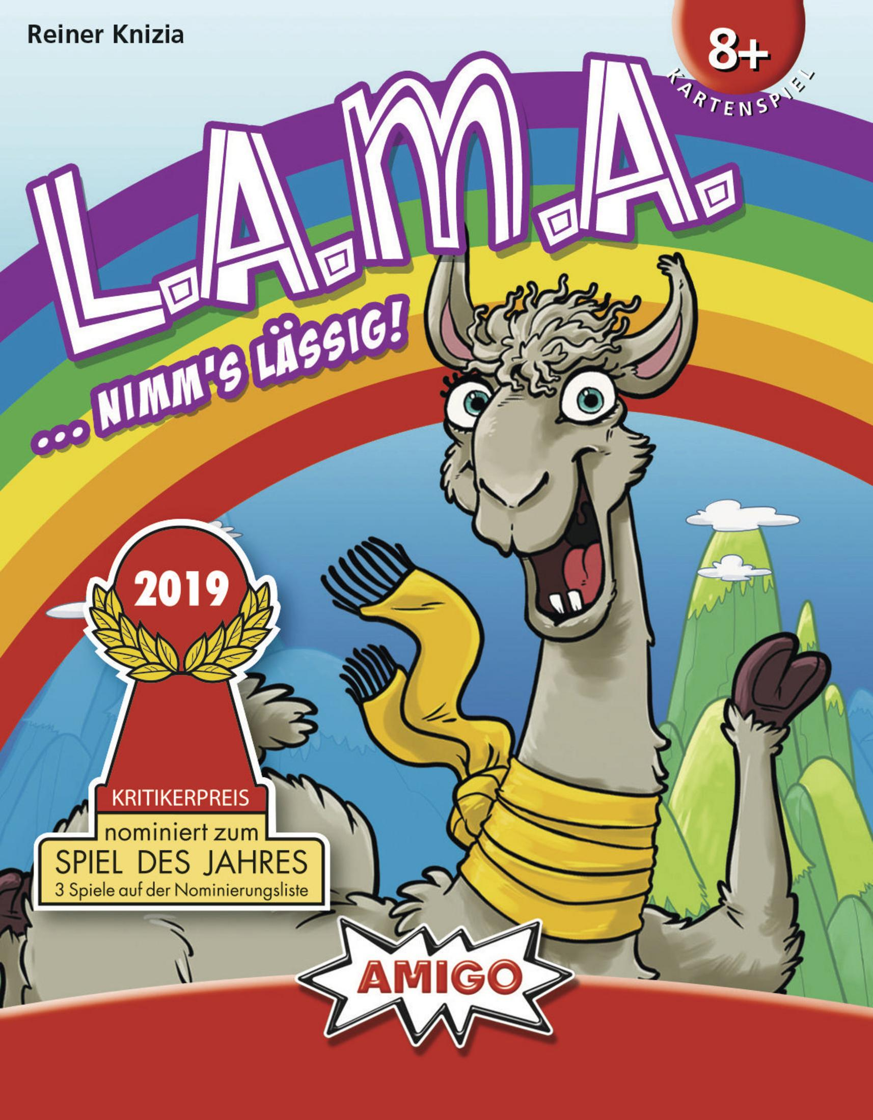 Boîte du jeu de société L.A.M.A. Un lama avec une écharpe jaune. Arrière-plan arc-en-ciel.