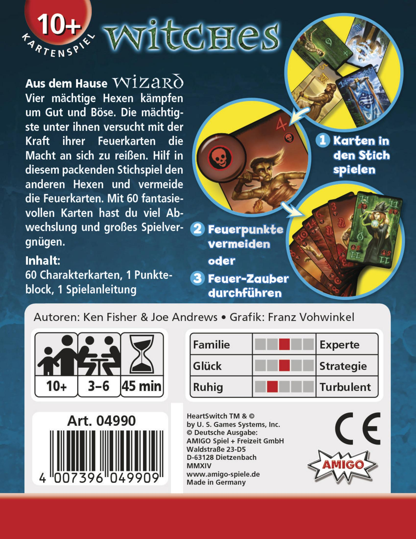 Rückseite einer Kartenspielschachtel, mit Text, Illustrationen und Spielinformationen.