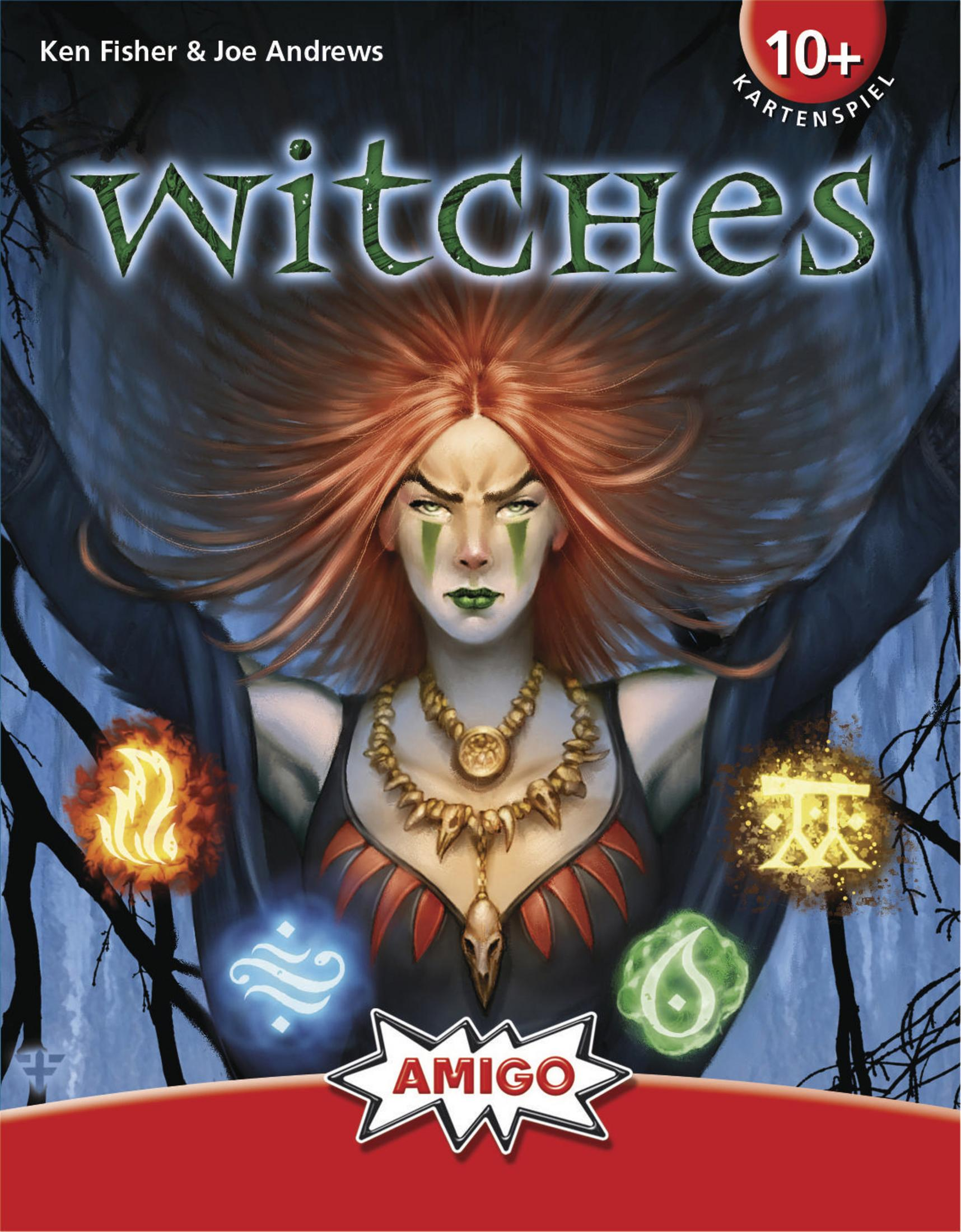 Witches Kartenspielbox. Eine Frau mit roten Haaren, grüner Gesichtsfarbe und einem schwarzen Kleid steht im Mittelpunkt.