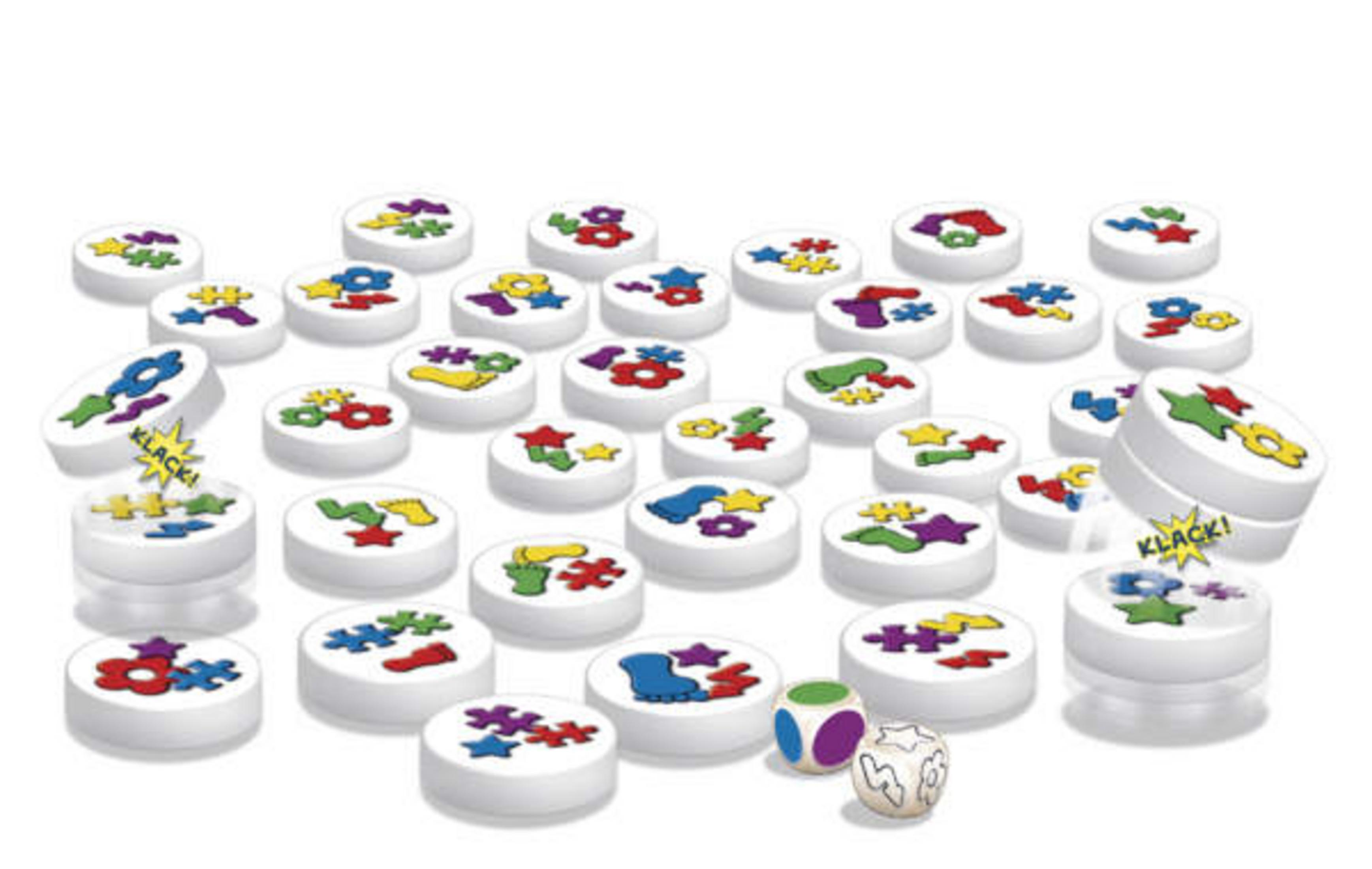 Spielsteine für ein Brettspiel. Weiße, kreisförmige Teile mit farbenfrohen Symbolen.