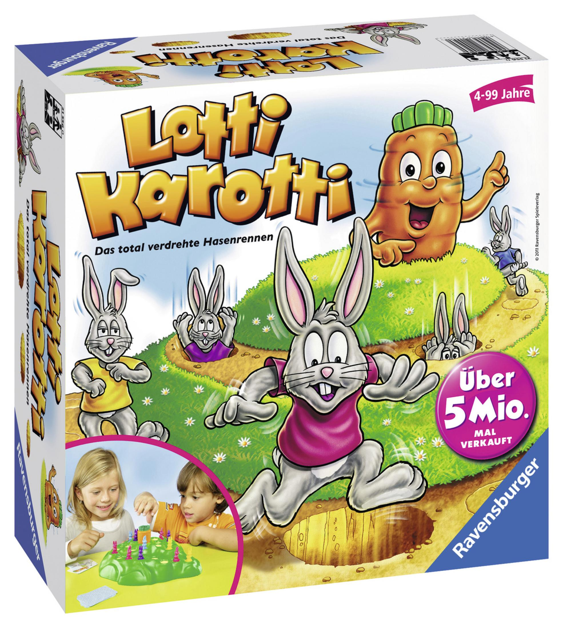 Una caja de juego de mesa, titulada 'Lotti Karotti', que representa una carrera de conejos con conejitos de dibujos animados.