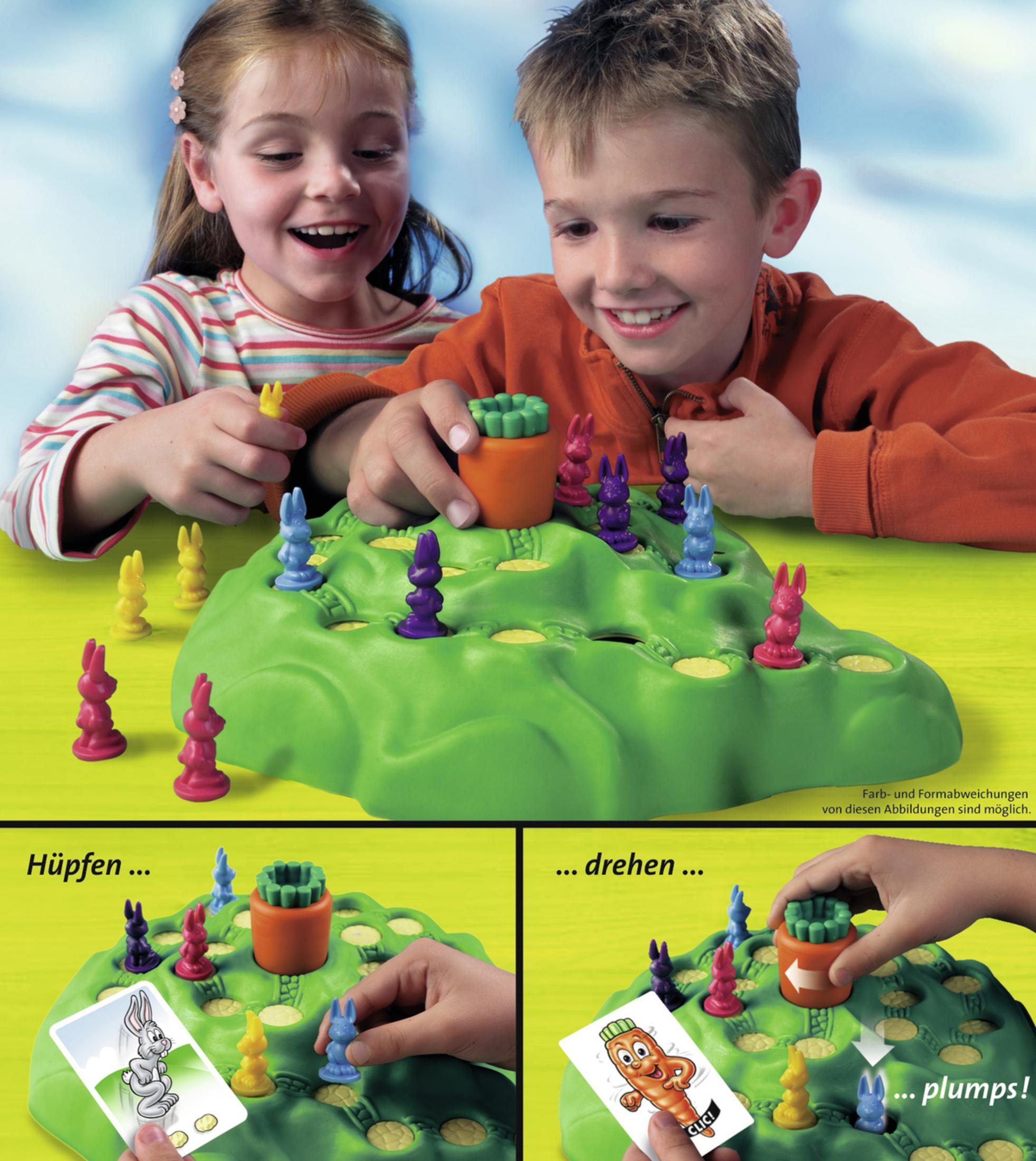 Niños jugando un juego de mesa con conejitos coloridos y una torre en forma de zanahoria.