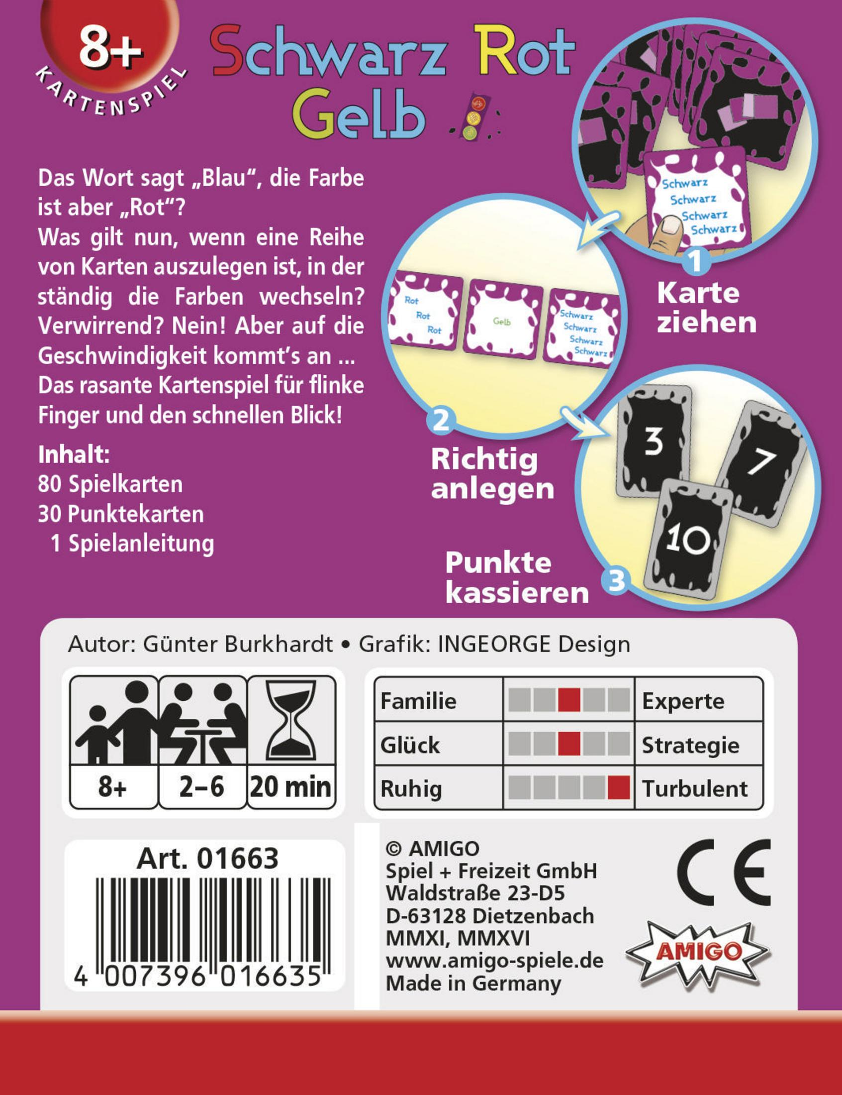 Die Rückseite einer Kartenspielbox mit Anweisungen, Bildern und dem Amigo-Logo.