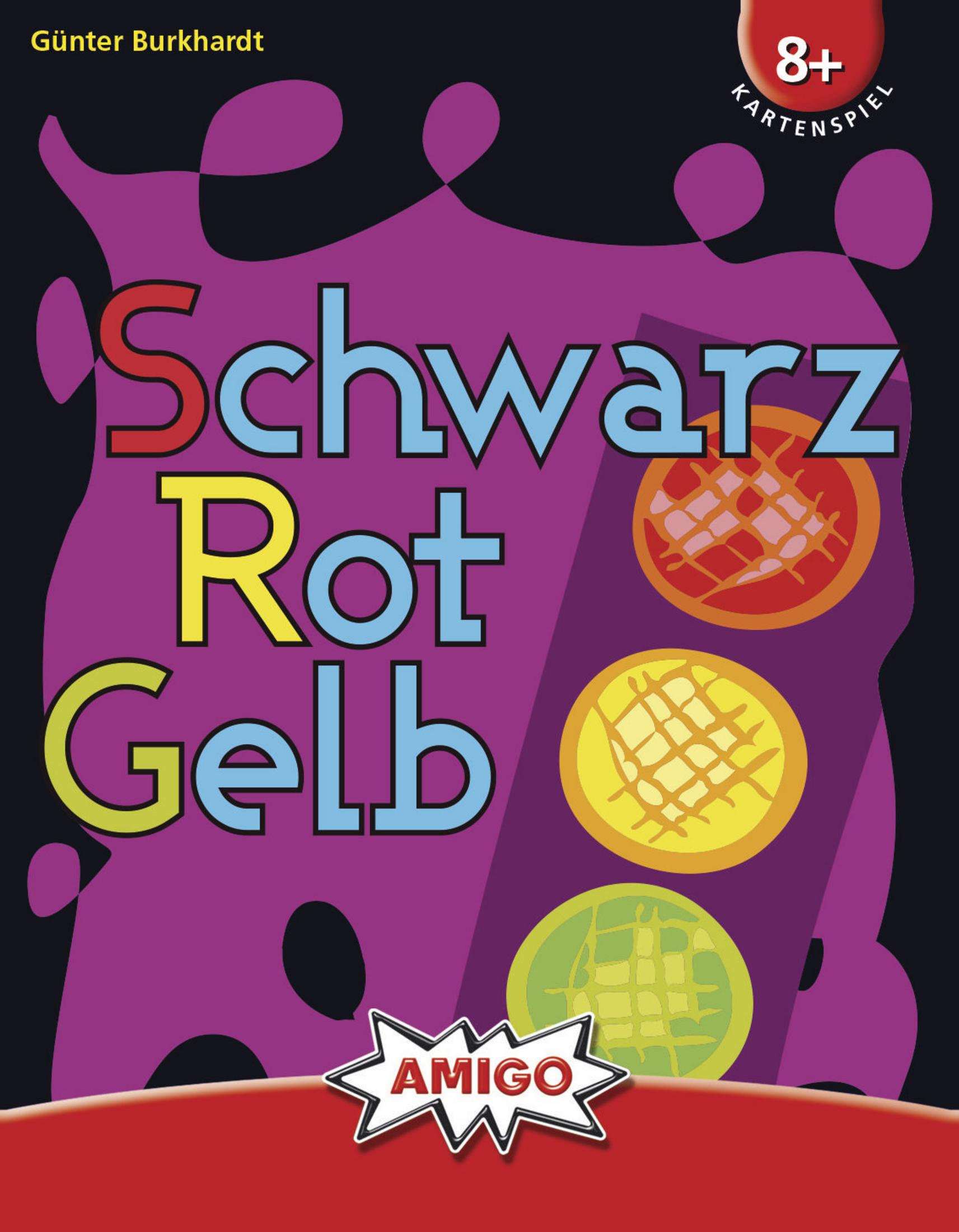 Schachtel eines Brettspiels mit dem Titel 'Schwarz Rot Gelb', mit Spielsteinen auf der Vorderseite.