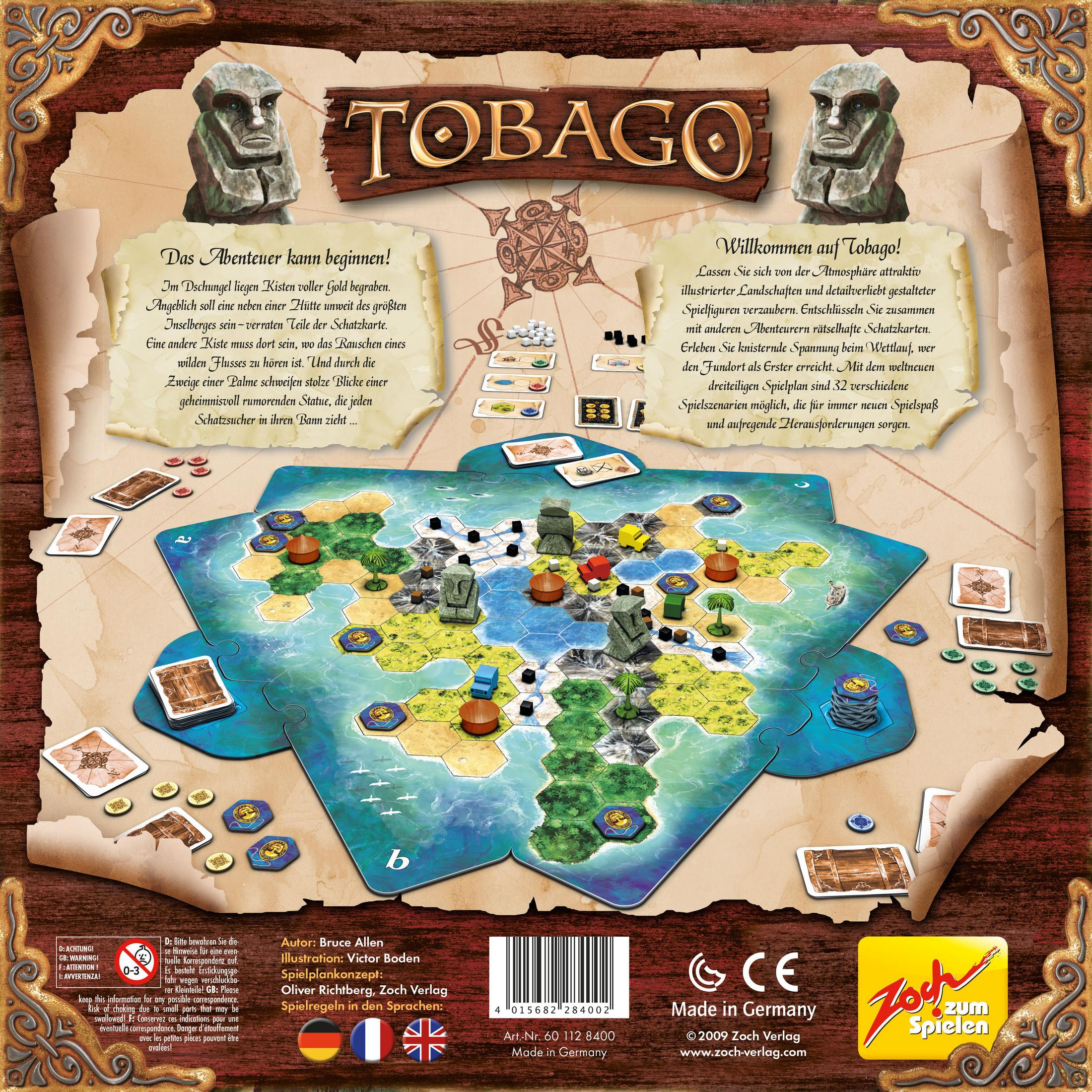 Tobago Brettspiel, mit Spielbrett, Spielsteinen und Box. Das Spielbrett ist blau und braun.