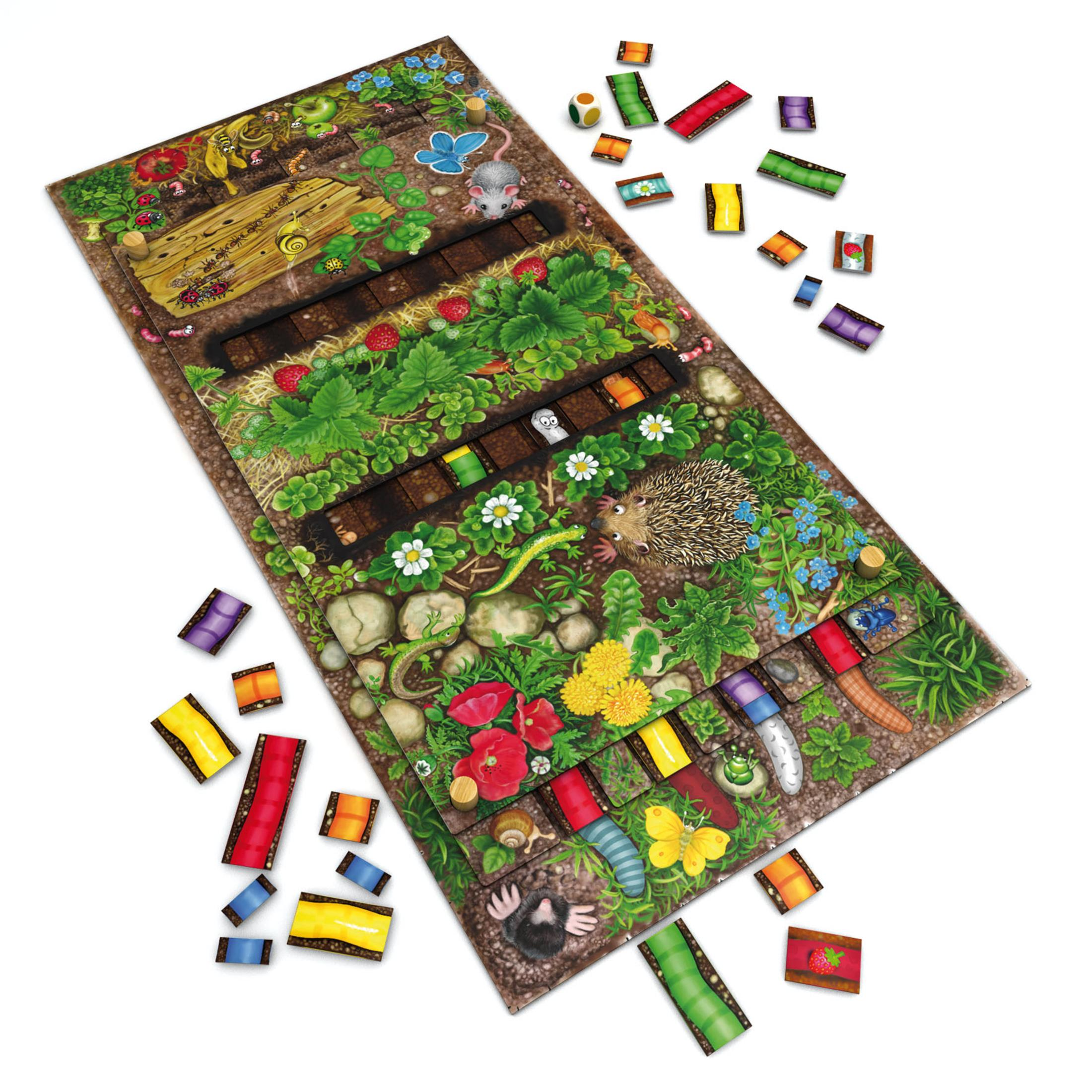 Brettspiel mit Gartenthema. Bunte Kacheln, ein Igel, ein Maulwurf und verschiedene Spielteile.