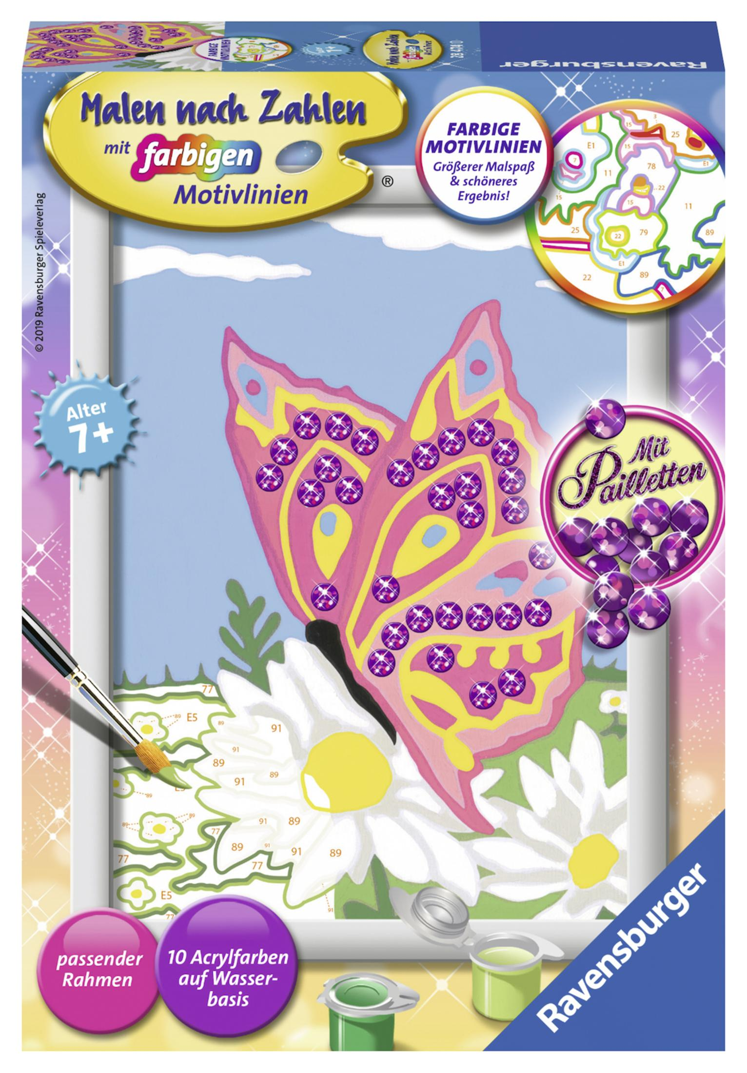 Box mit einem Mal-Set eines Schmetterlings in Gelb und Pink, mit einigen lila Pailletten.