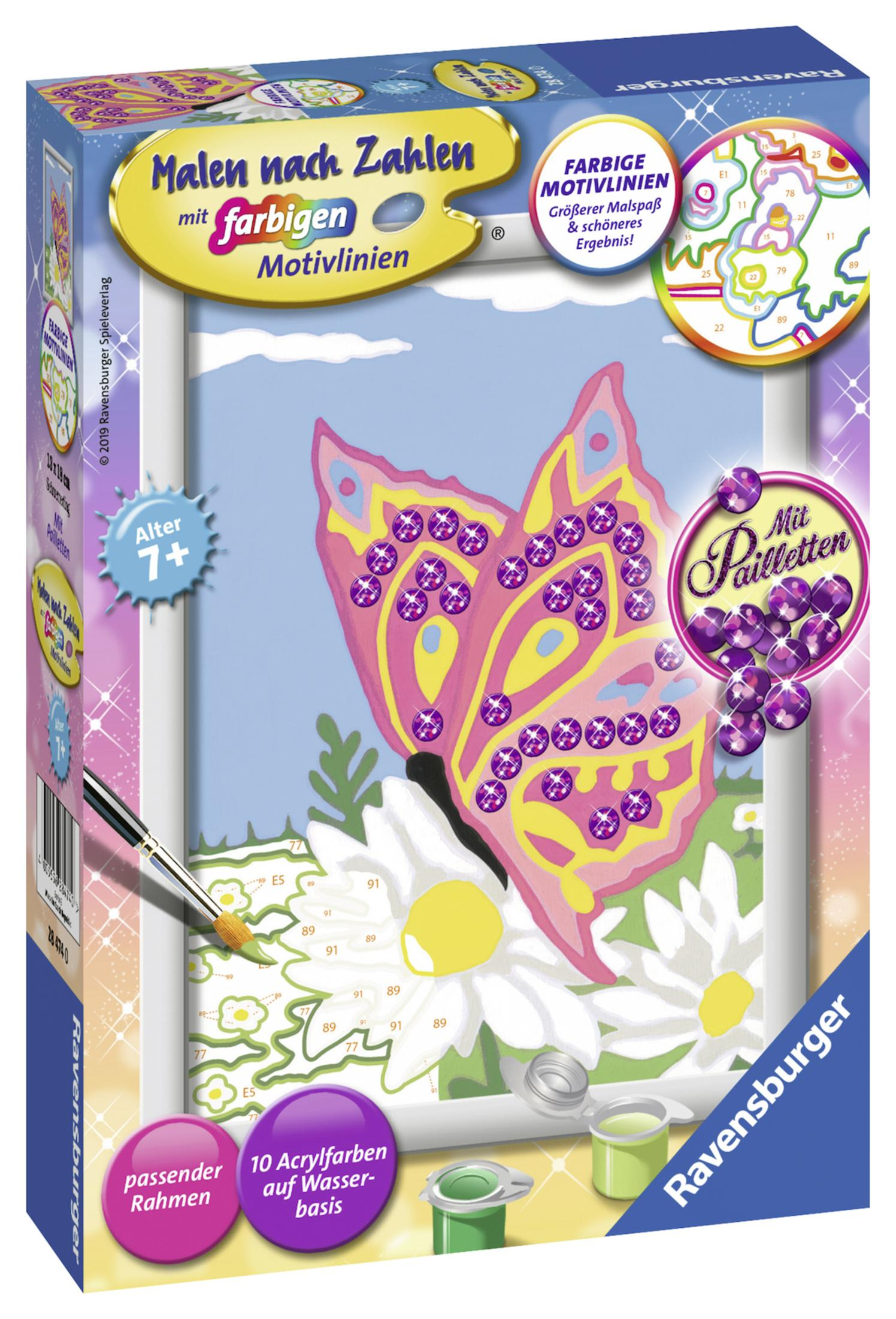 Box mit einem Mal-Set eines Schmetterlings in Gelb und Pink, mit einigen lila Pailletten.