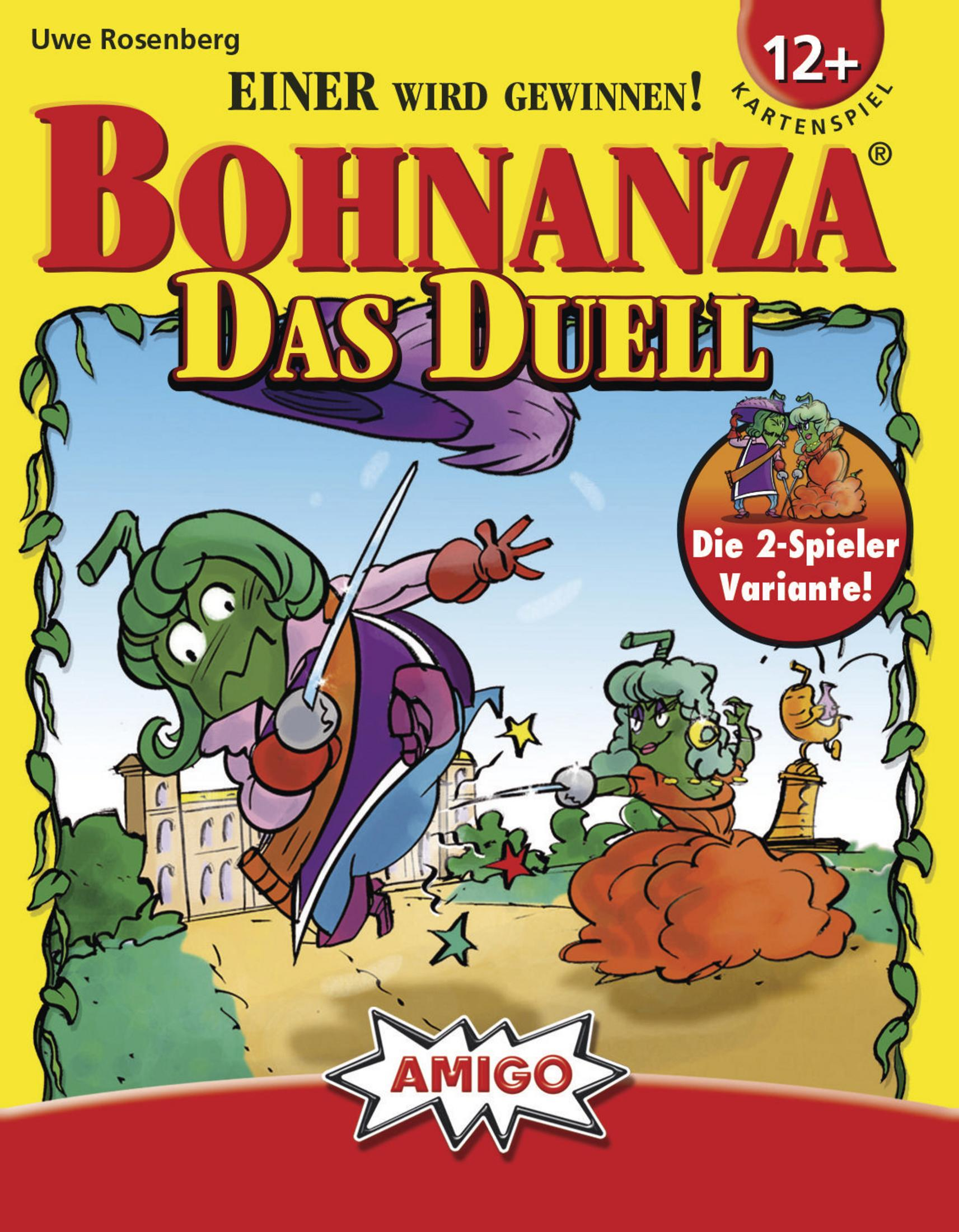 Boîte de jeu Bohnanza Das Duell. Personnages dessinés, jeu de cartes, fond jaune.