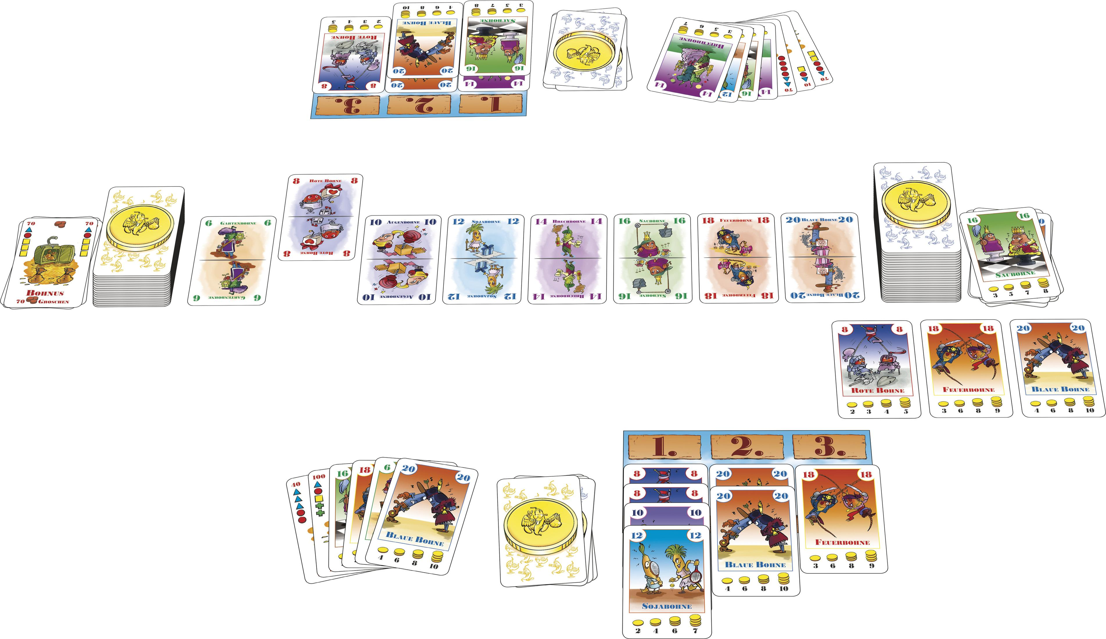 Un gioco di carte è allestito. Sono visibili diversi mazzi di carte. Le carte hanno immagini di cartoni animati.