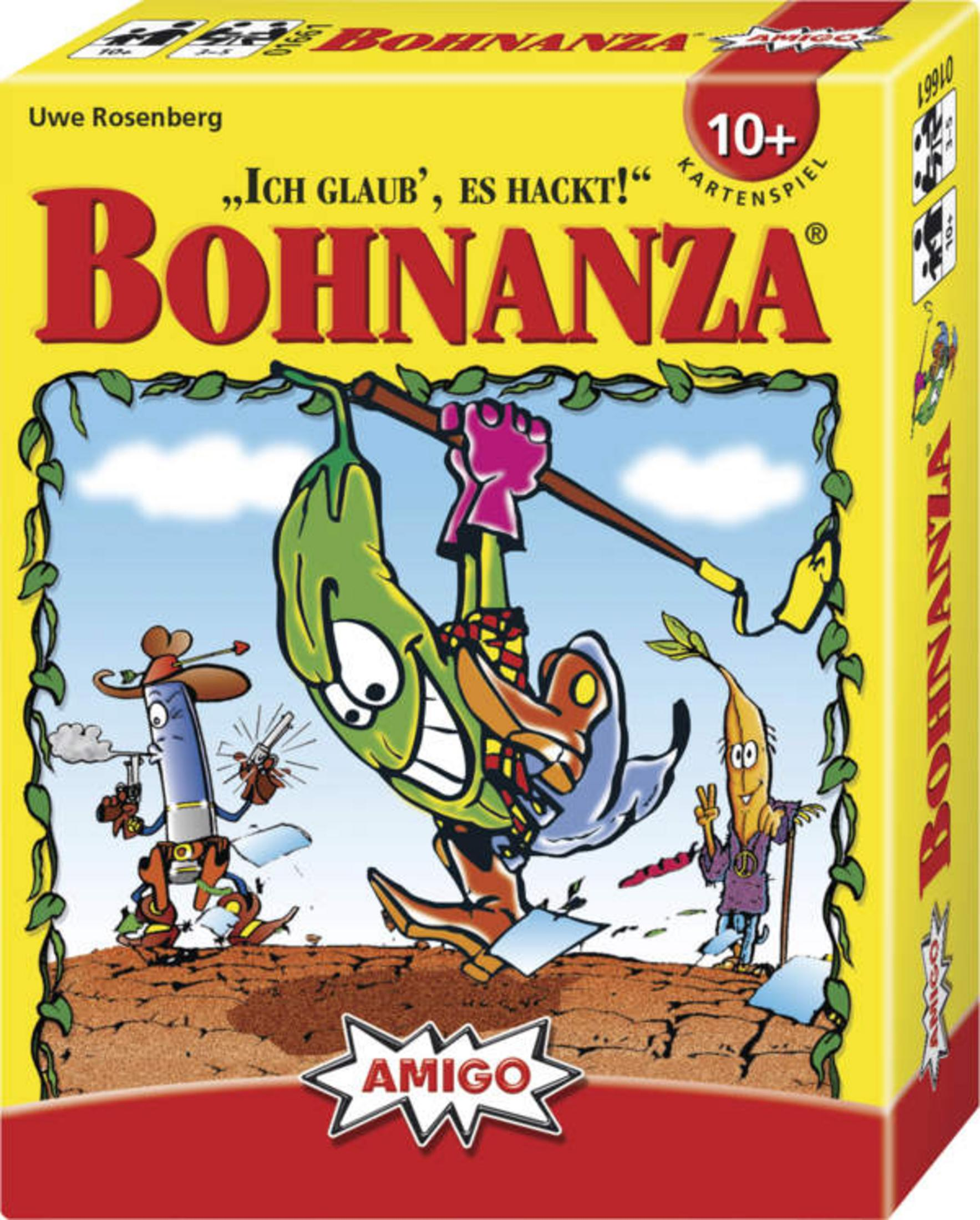 Schachtelkunst für das Brettspiel Bohnanza. Zeigt Cartoon-Bohnen, eine hängend und eine lächelnde Bohnenfigur.