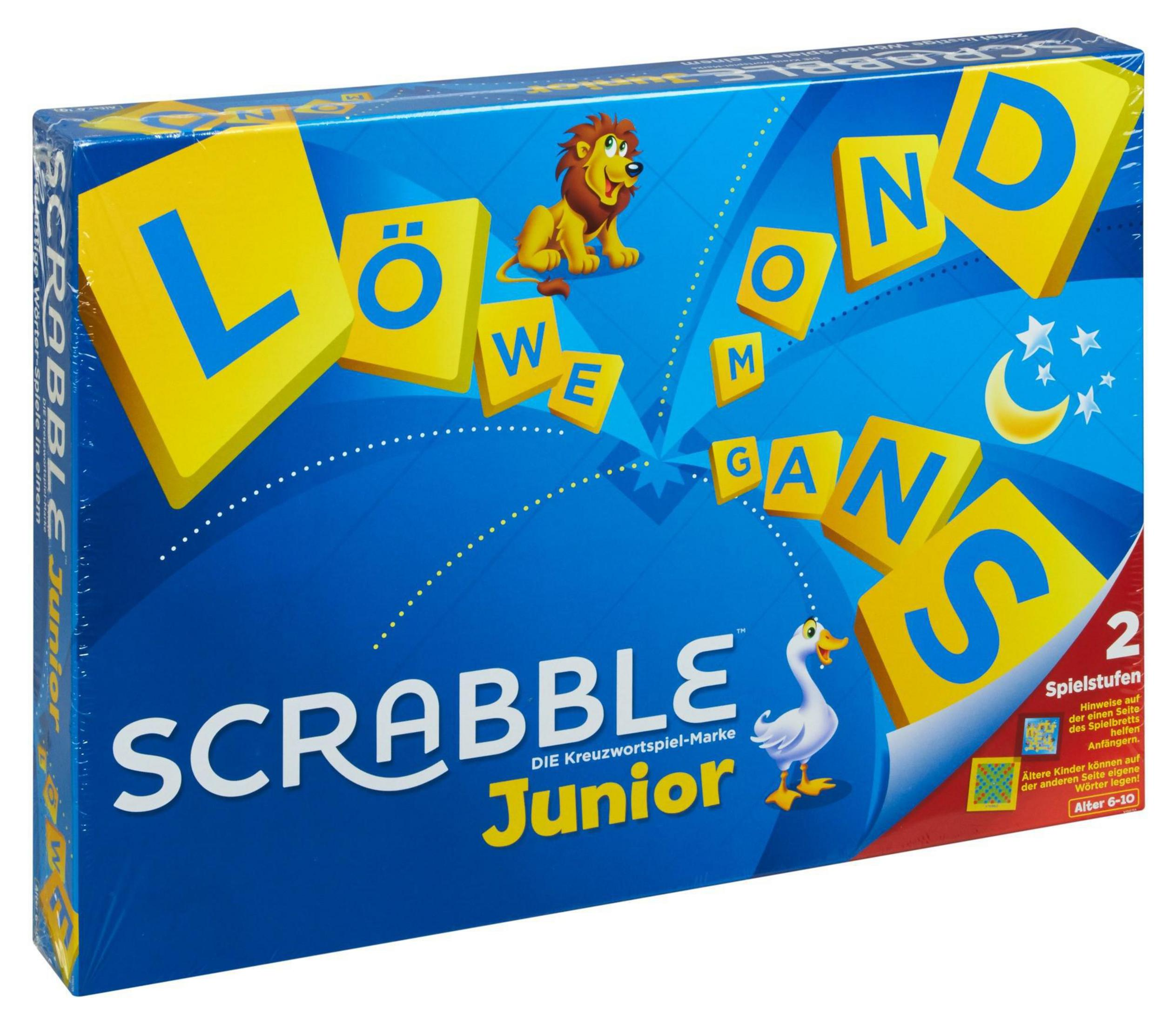 Une boîte de jeu de société Scrabble Junior avec un design coloré.