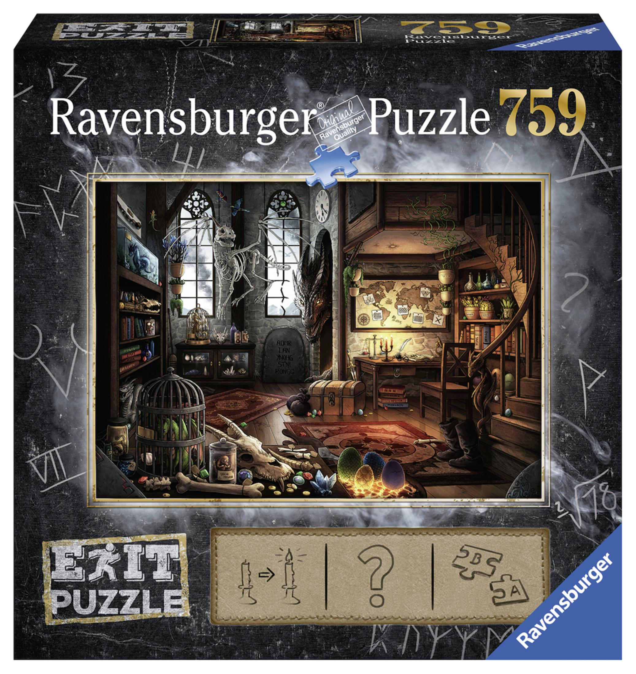 Pudełko puzzli Ravensburger z fantastyczną sceną: szkielet, gabinet, schody i skrzynia skarbów.