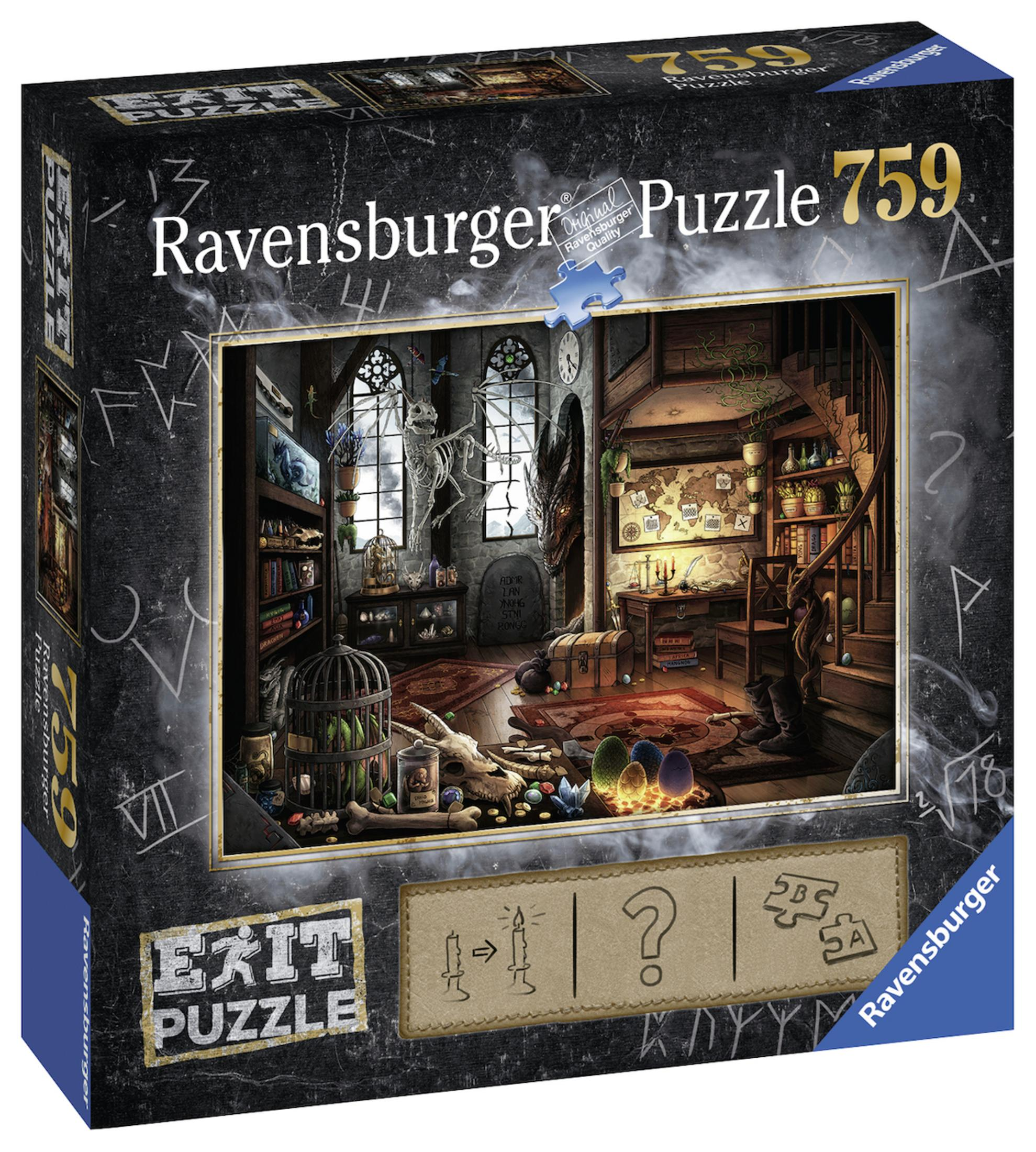 Pudełko Ravensburger Exit Puzzle. Obraz przedstawia pokój ze szkieletem i posągiem smoka.