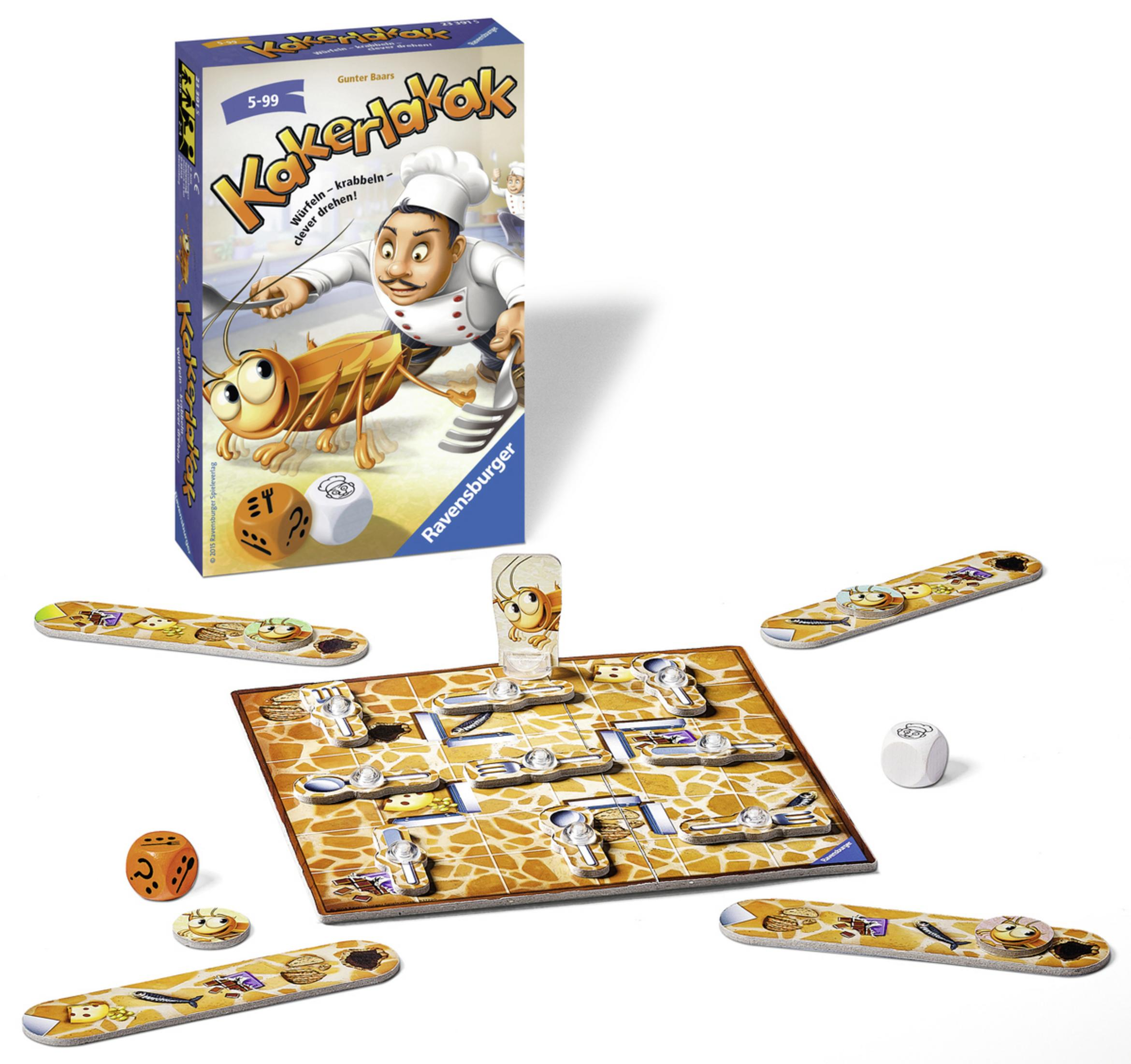 Kakerlakak Brettspielbox und -teile: eine Kakerlake, Würfel und Spielbrett.