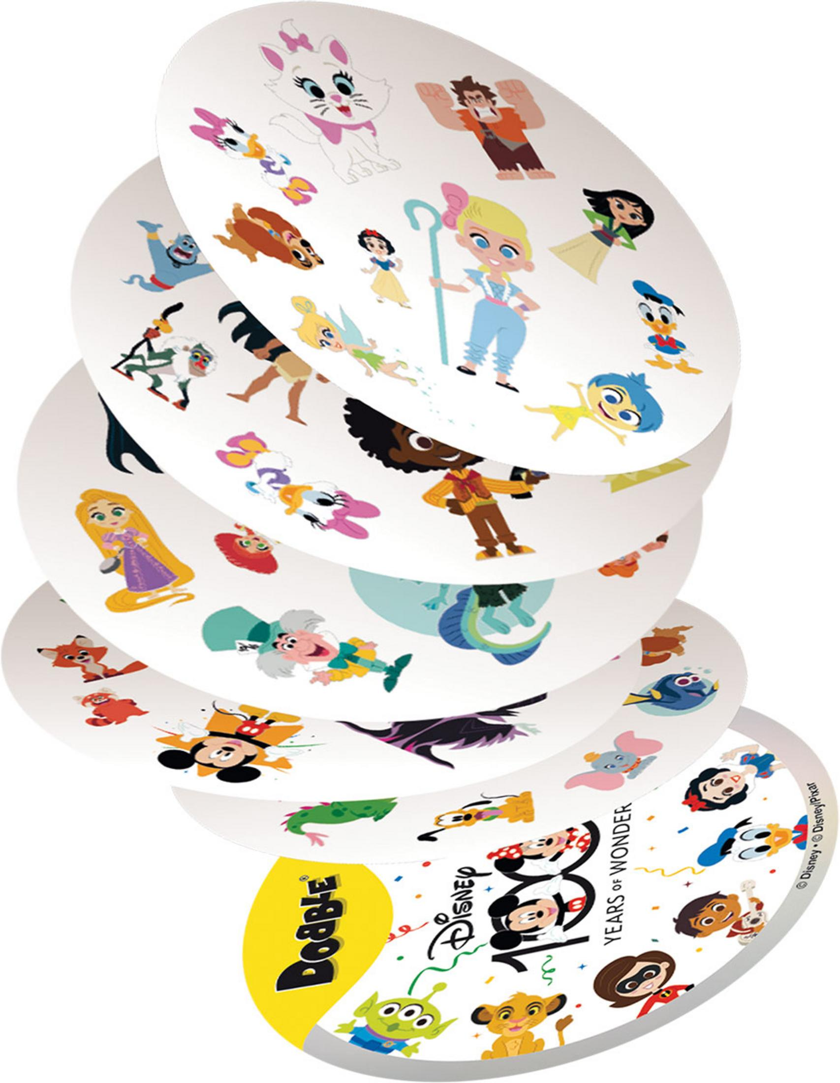 Gioco Disney Dobble che mostra più carte personaggio in una pila, sfondo bianco.