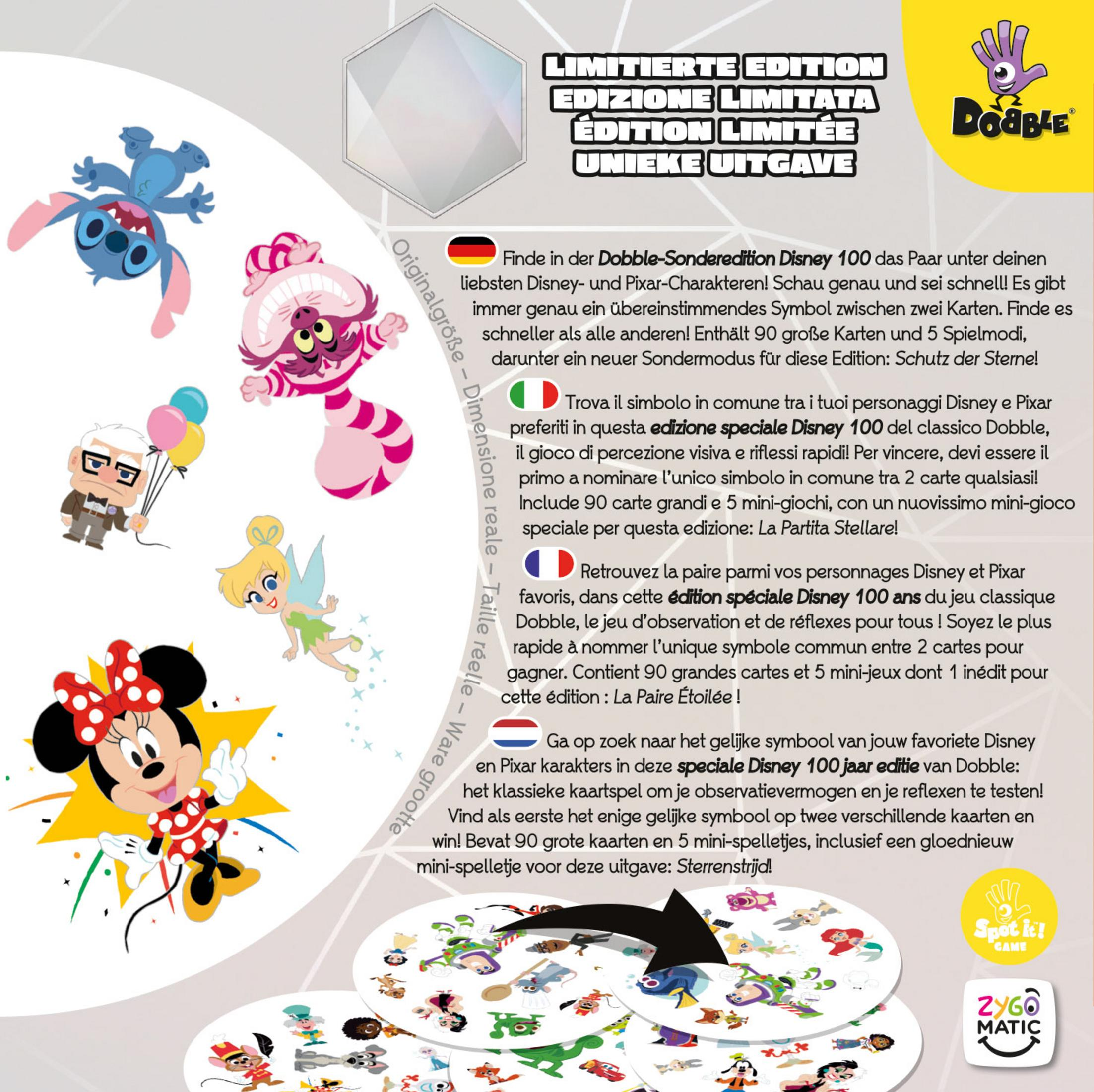 Una scatola del gioco Dobble con molti personaggi Disney. Sullo sfondo un cielo blu.