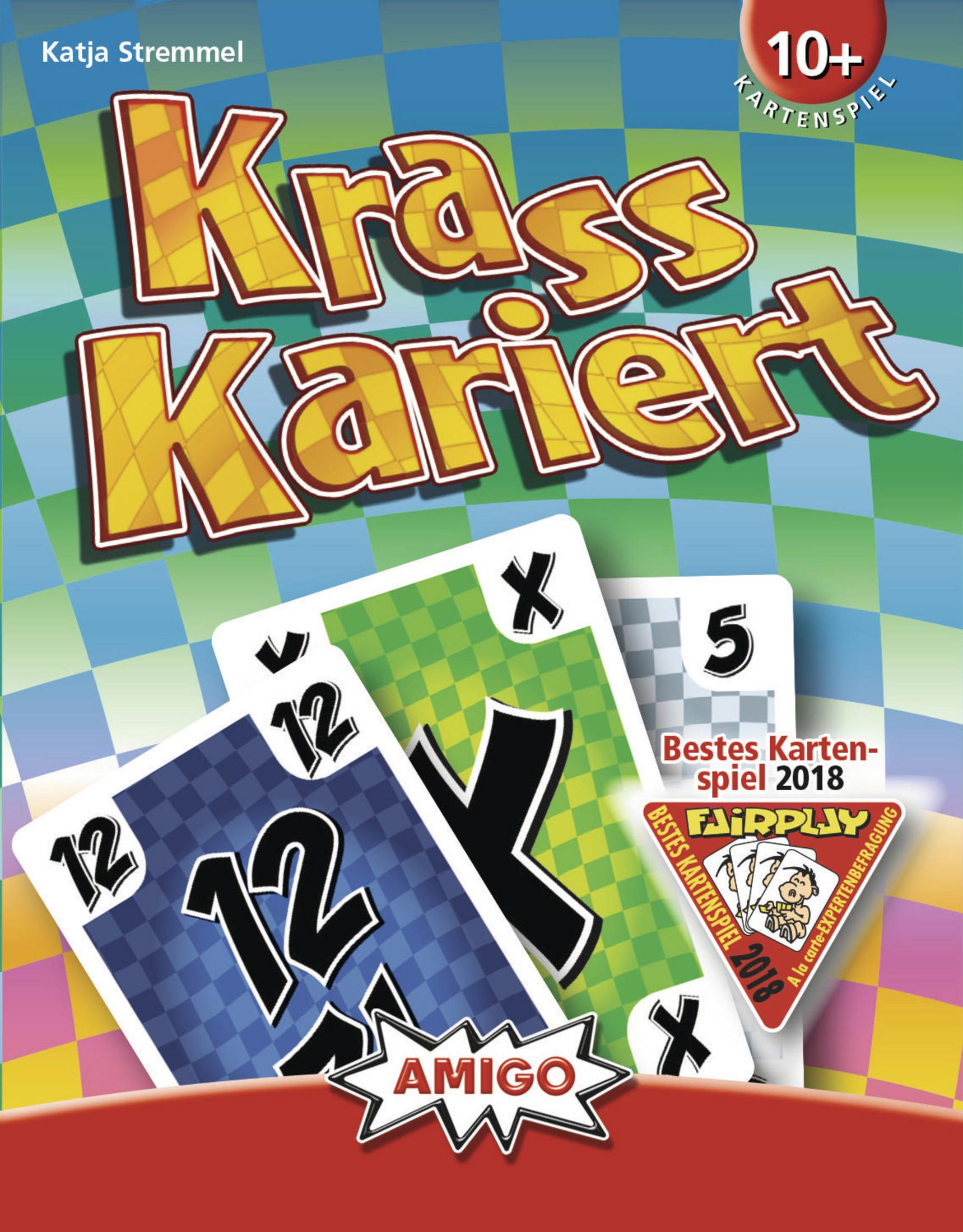 Eine Brettspielbox mit dem Titel "Krass Kariert" mit Spielkarten und dem Amigo-Logo auf der Vorderseite.