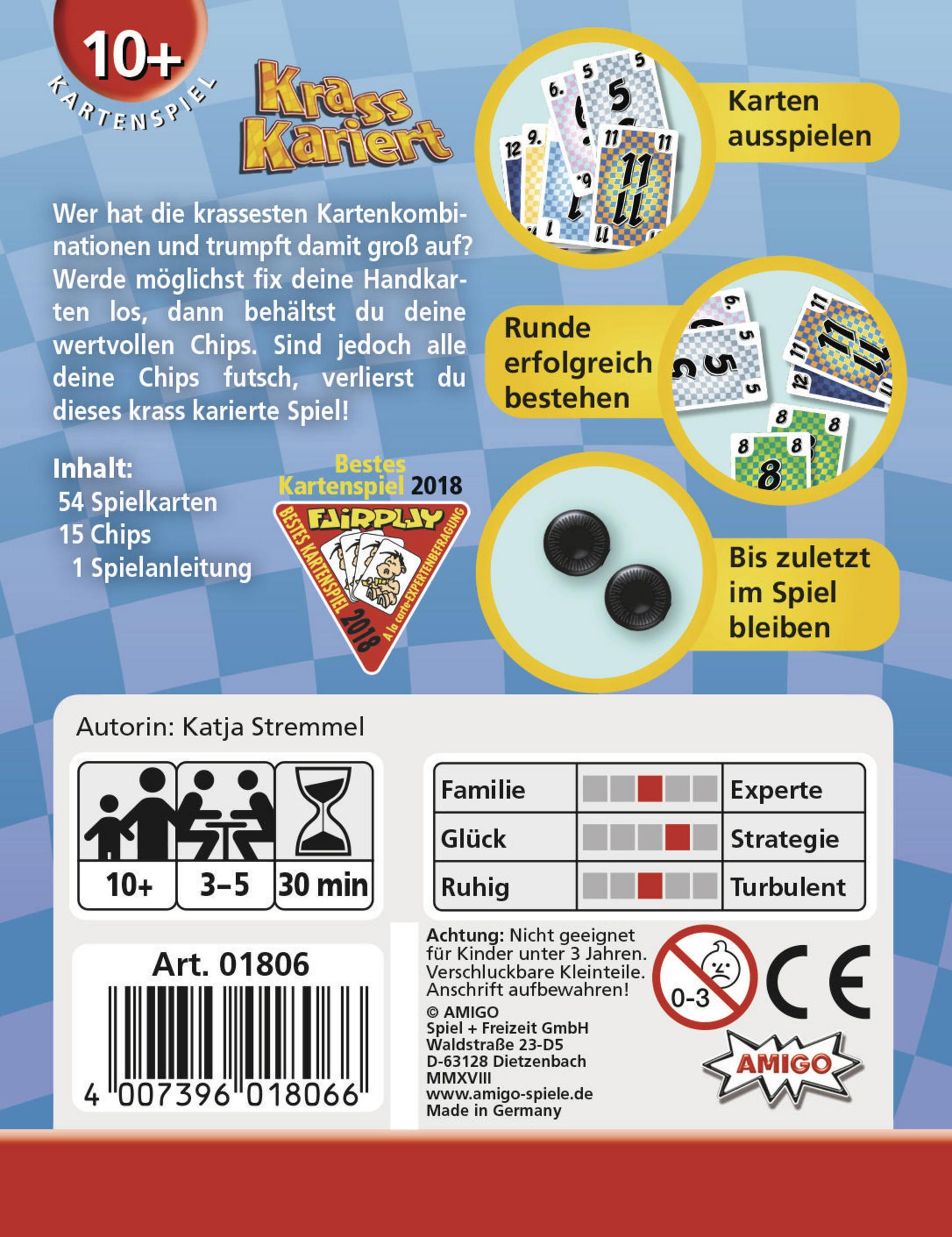 Rückseite einer Kartenspielbox. Text und Grafiken erläutern die Spielregeln, das Thema und die Komponenten.