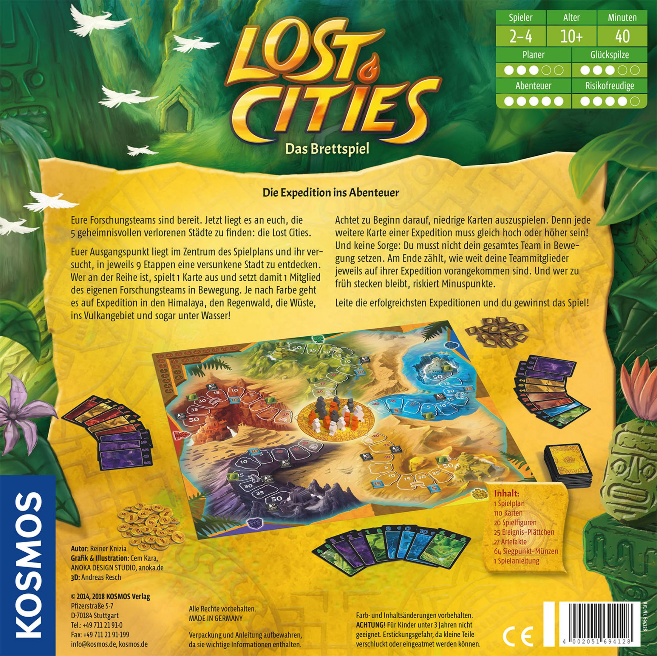 Lost Cities Brettspielbox mit Spielsteinen. Text auf Deutsch. Abenteuerspiel-Thema.