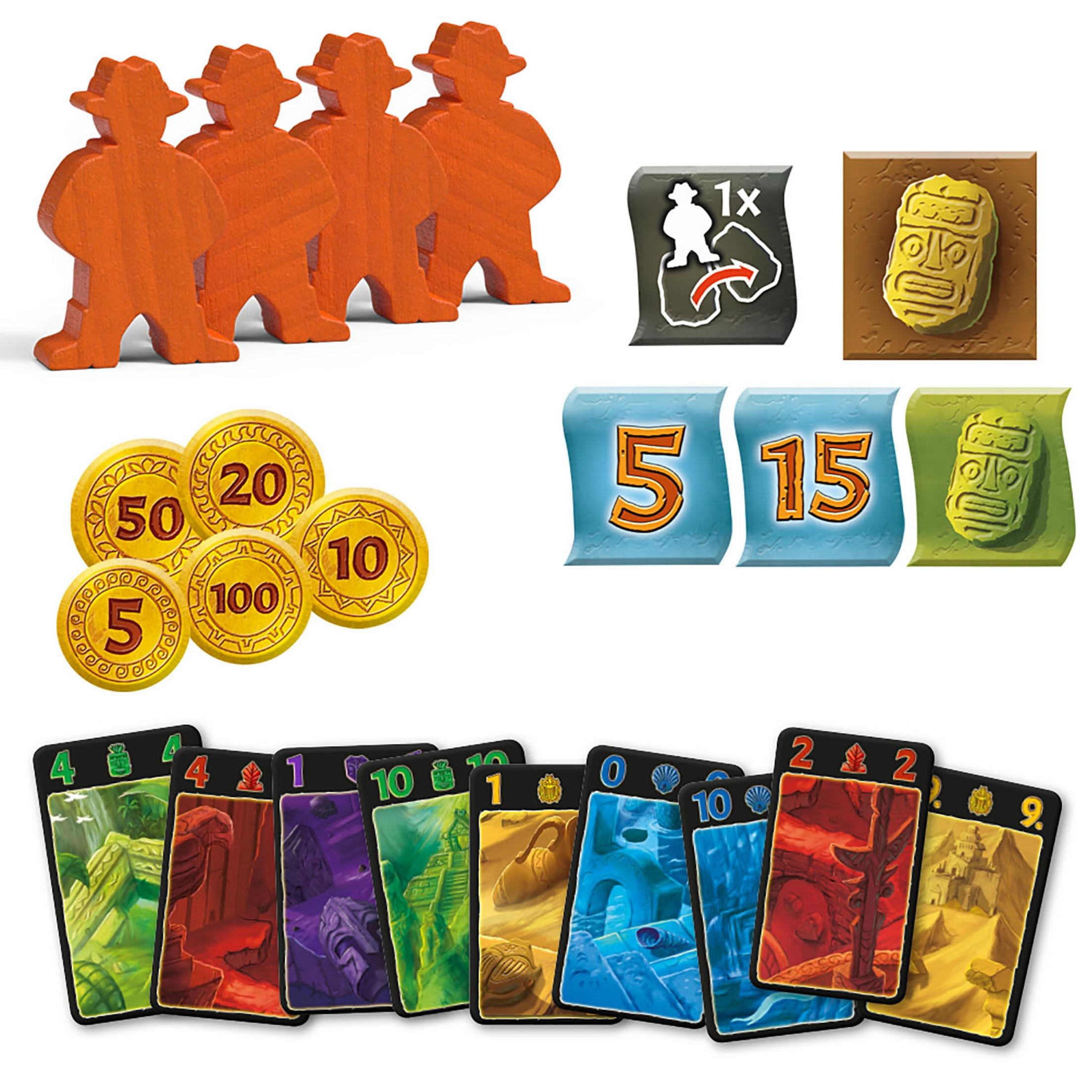 Brettspielkomponenten: Holzfiguren, Münzen, Karten. Verschiedene Farben und Illustrationen.