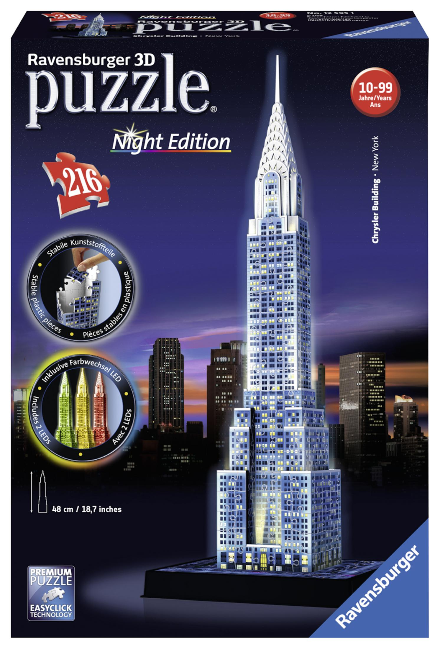 3D-Puzzle des Chrysler Building, Night Edition. Dunkelblaue Box mit Stadtbild.