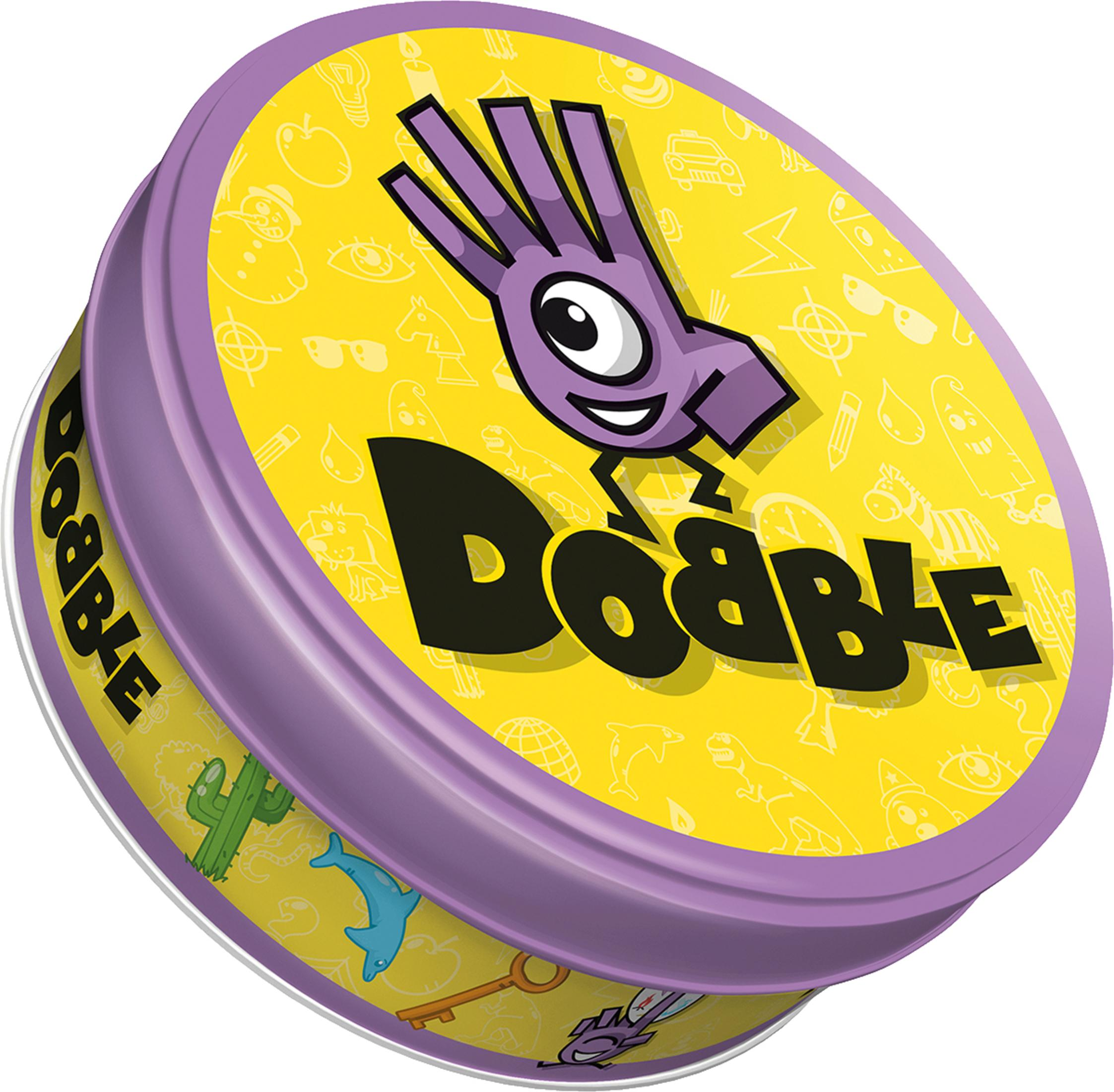 Dooble-Spiel in einer lila Dose, mit gelbem Hintergrund und Symbolen.