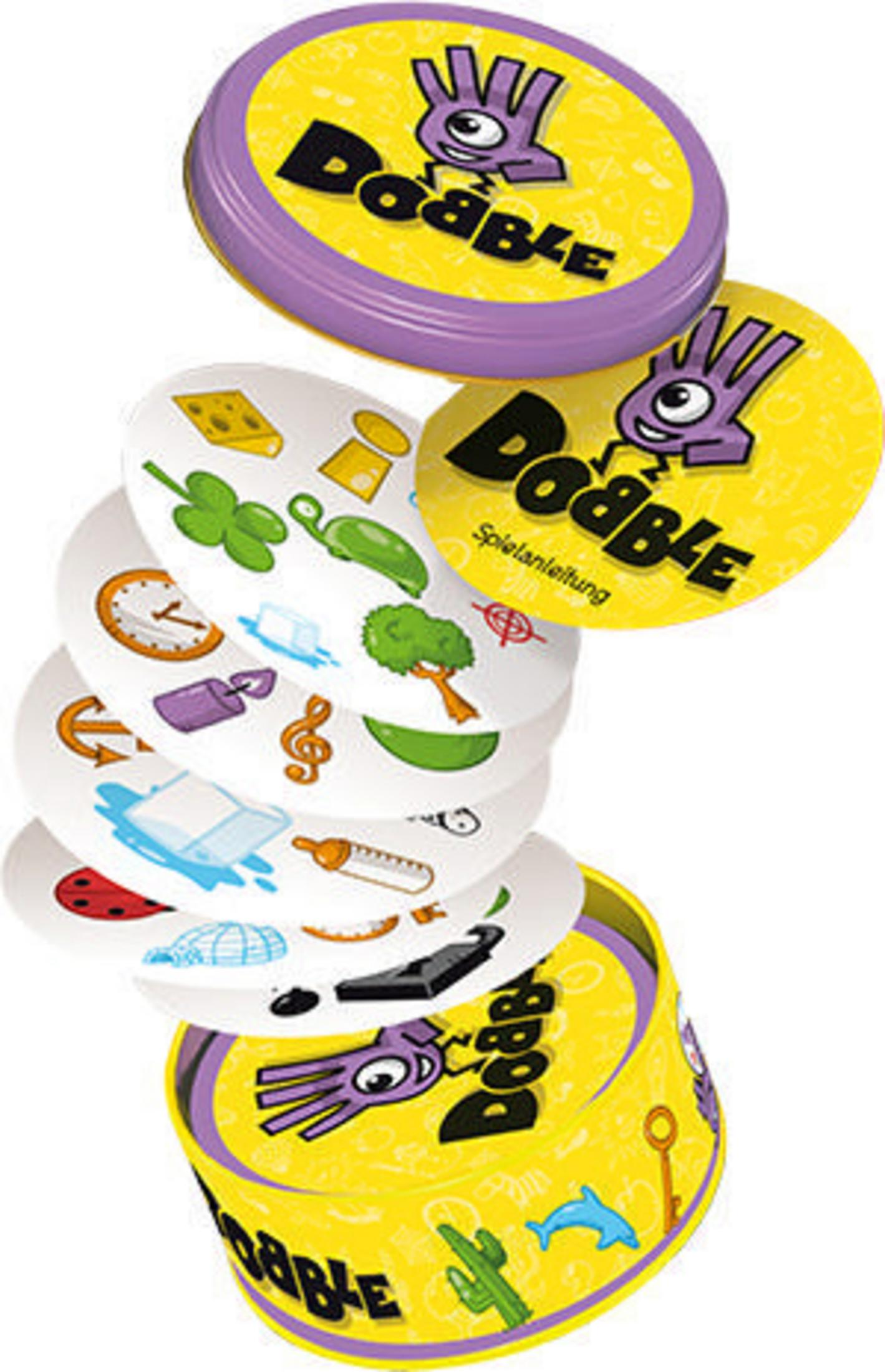Dobble-Spiel mit runden Karten und einer Dose. Karten zeigen verschiedene Symbole. Weißer Hintergrund.