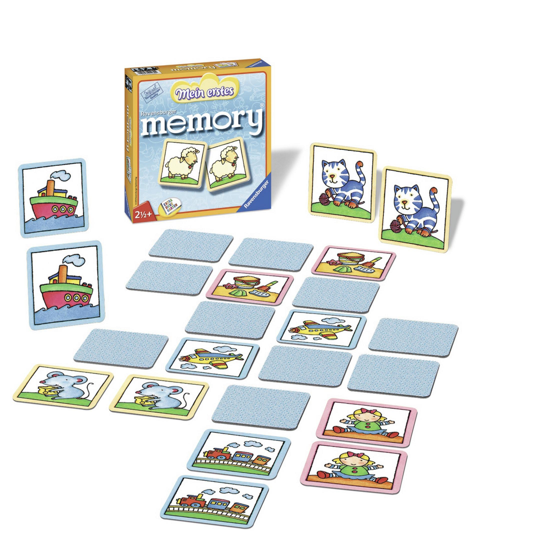 Ein Memory-Spiel mit bunten Illustrationen von Tieren und Fahrzeugen. Karten sind zum Spielen ausgelegt.