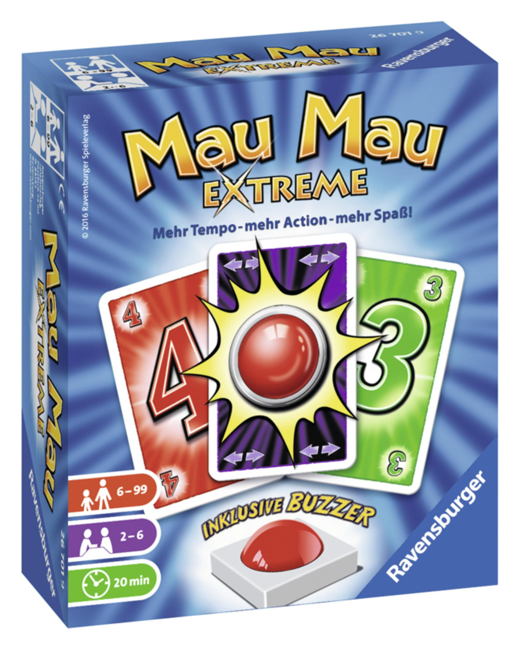Scatola del gioco di carte Mau Mau Extreme con carte e un buzzer rosso.