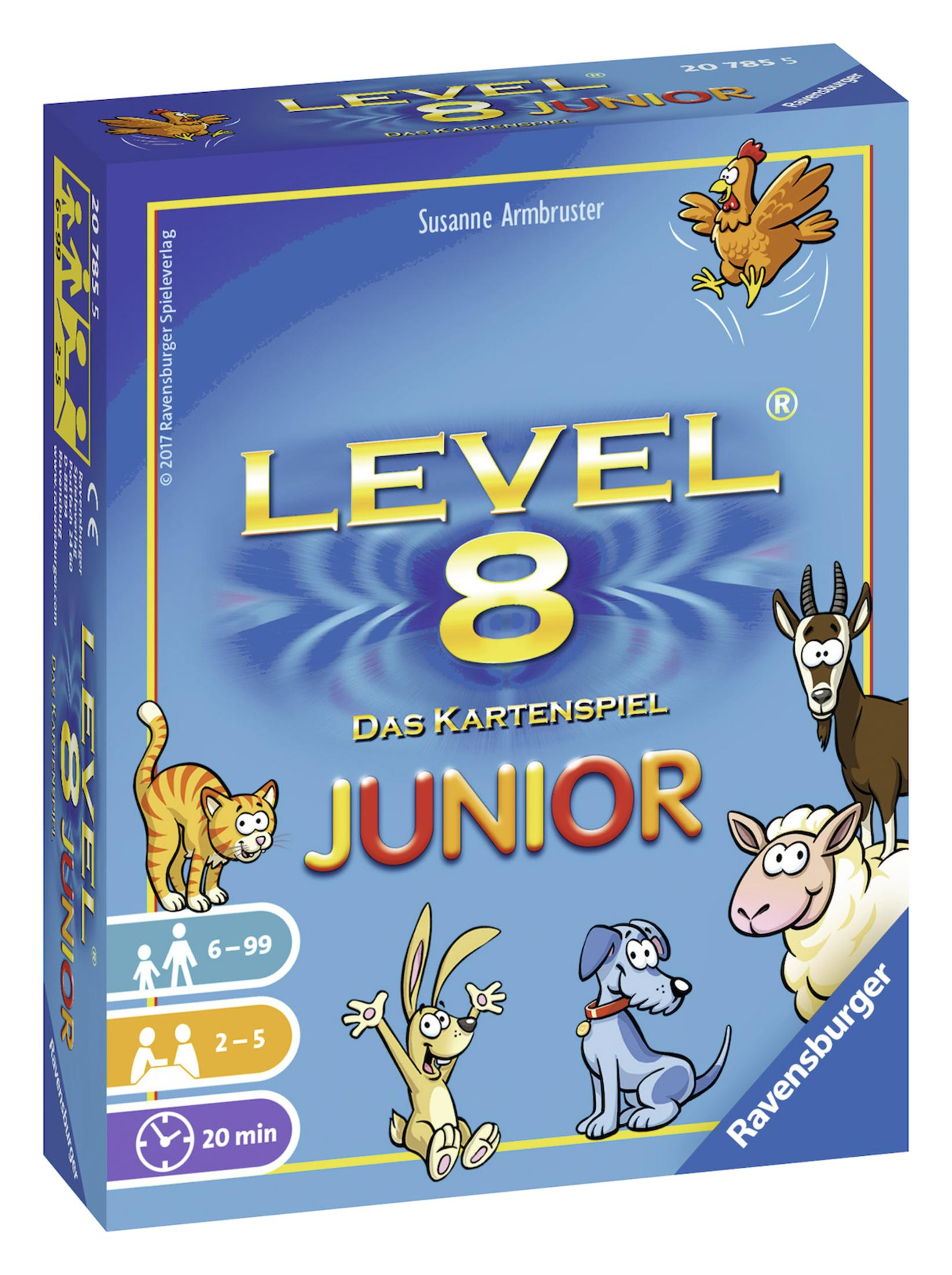 Level 8 Junior Brettspielbox. Cartoon-Tiere auf blauem Hintergrund. Der Text ist auf Deutsch.