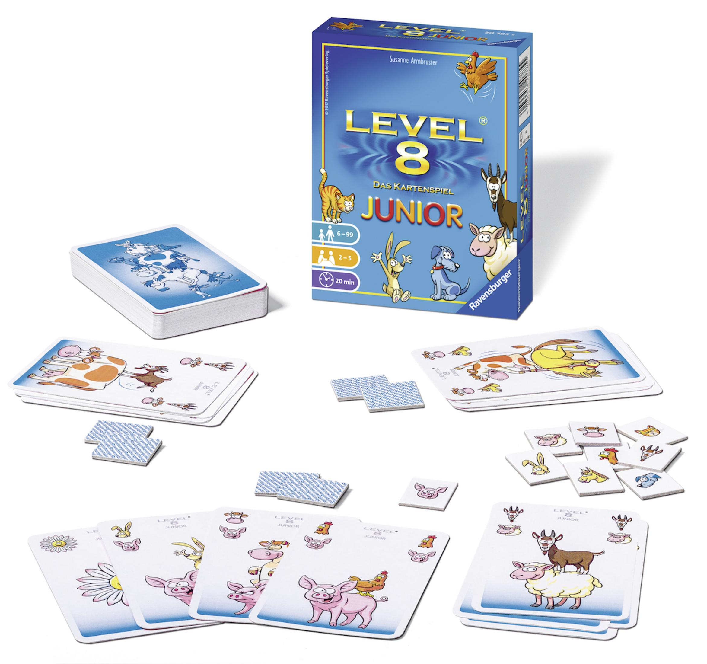 Level 8 Junior Brettspiel. Box, Karten und Spielsteine werden gezeigt, mit Tierillustrationen.